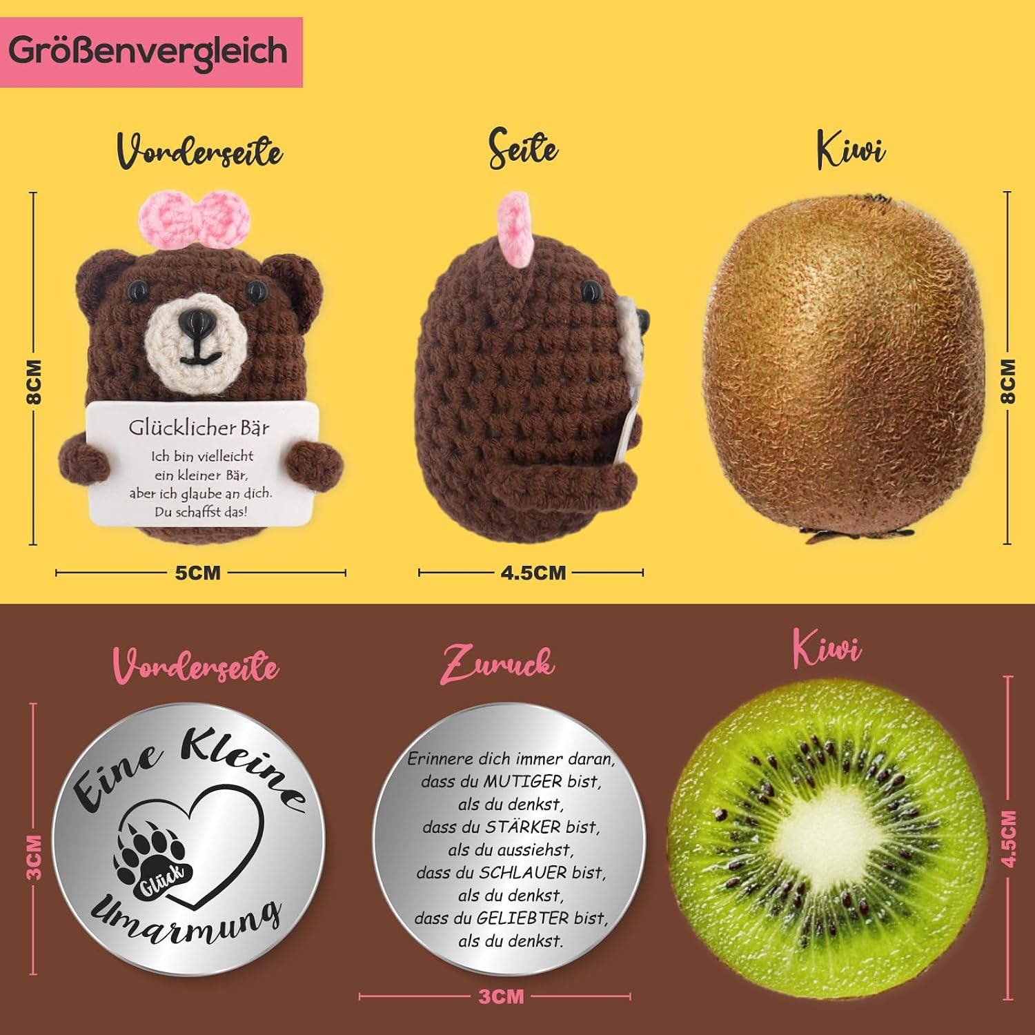 Detalle 2 de Tixlux Pocket Hug Glücklicher Bär – handgenähte Strick-Dekofigur mit Bärentatzen-Glücksbringer (Grau/Rosa)