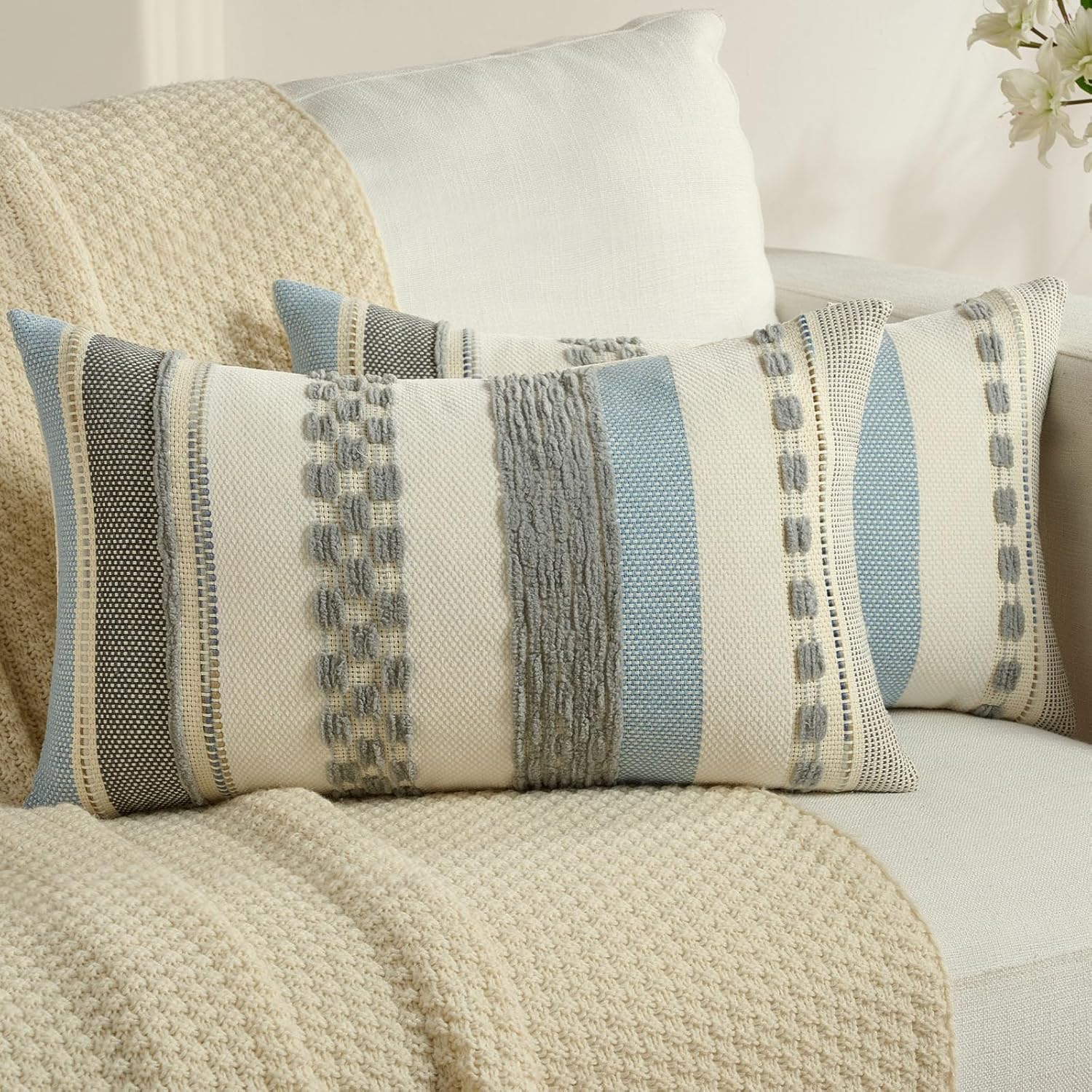 Thumbnail 6 de Ystyle Lot de 2 Housses de Coussin Boho 30x50 – rayures texturées, daim chenille, lot 2