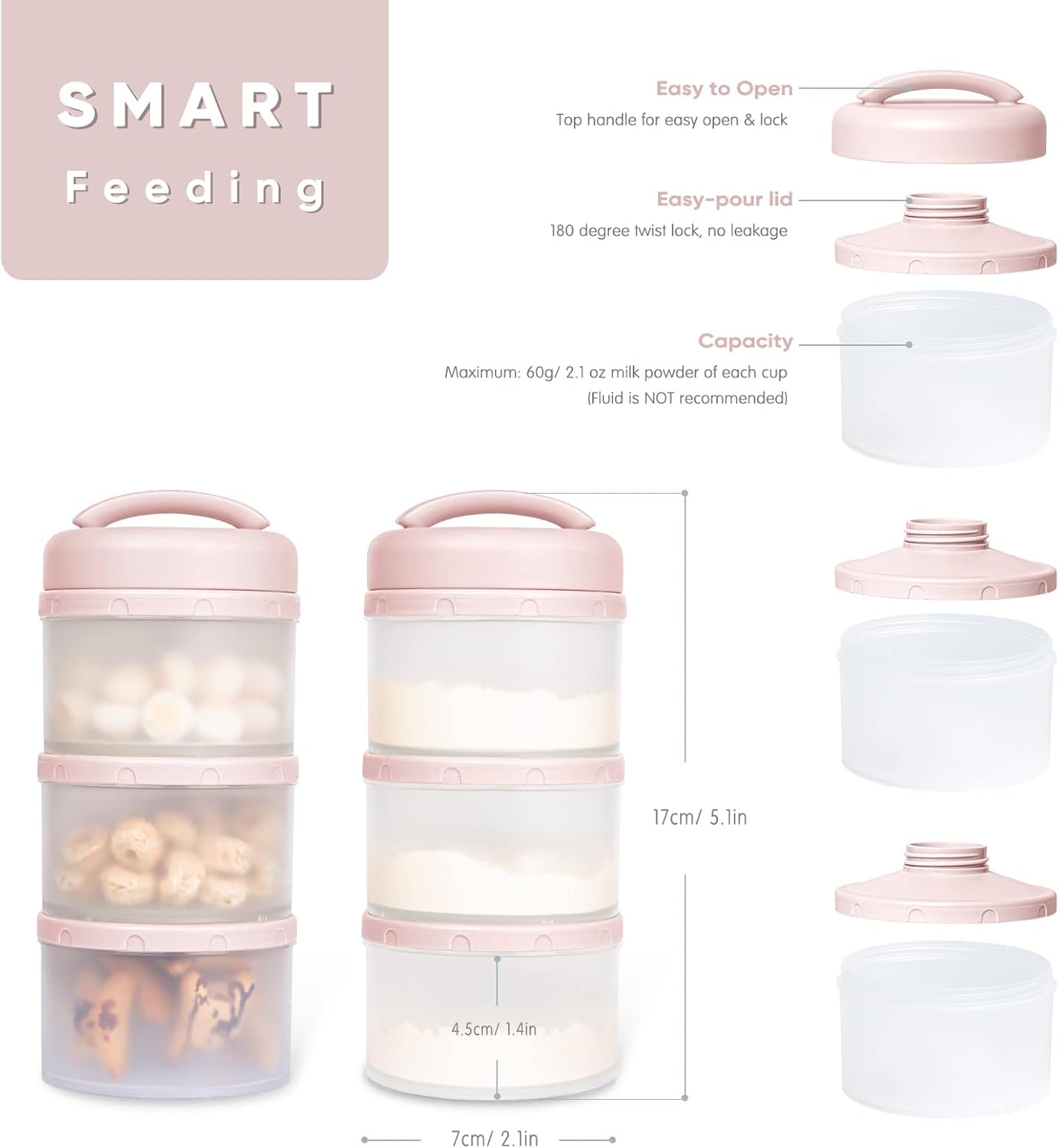 Thumbnail 1 de Termichy Baby Milk Powder Dispenser Pots (2-Pack) – Stackable Formula Container Pots, Bright Pink