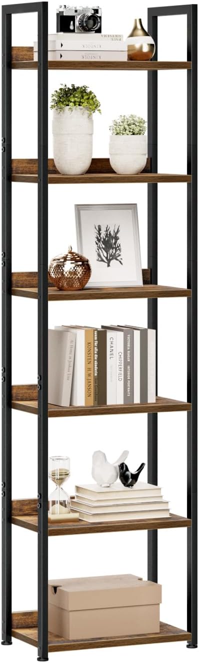 Detalle de NUMENN C84 6-Tier Narrow Bookshelf, Vintage FSC-Certified Wood and Metal