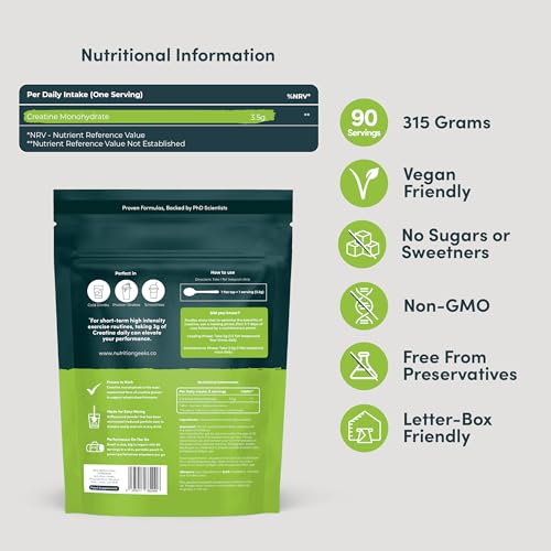 Detalle de Nutrition Geeks Pure Creatine Monohydrate Powder – 315g (90 Servings), Unflavoured, Micronised & Easy to Dissolve