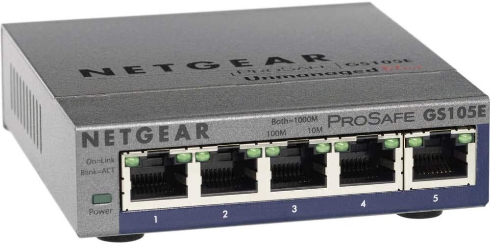 Detalle de Netgear GS105E Managed Switch – 5 Port Gigabit, lüfterloses Metallgehäuse, QoS, VLAN & IGMP