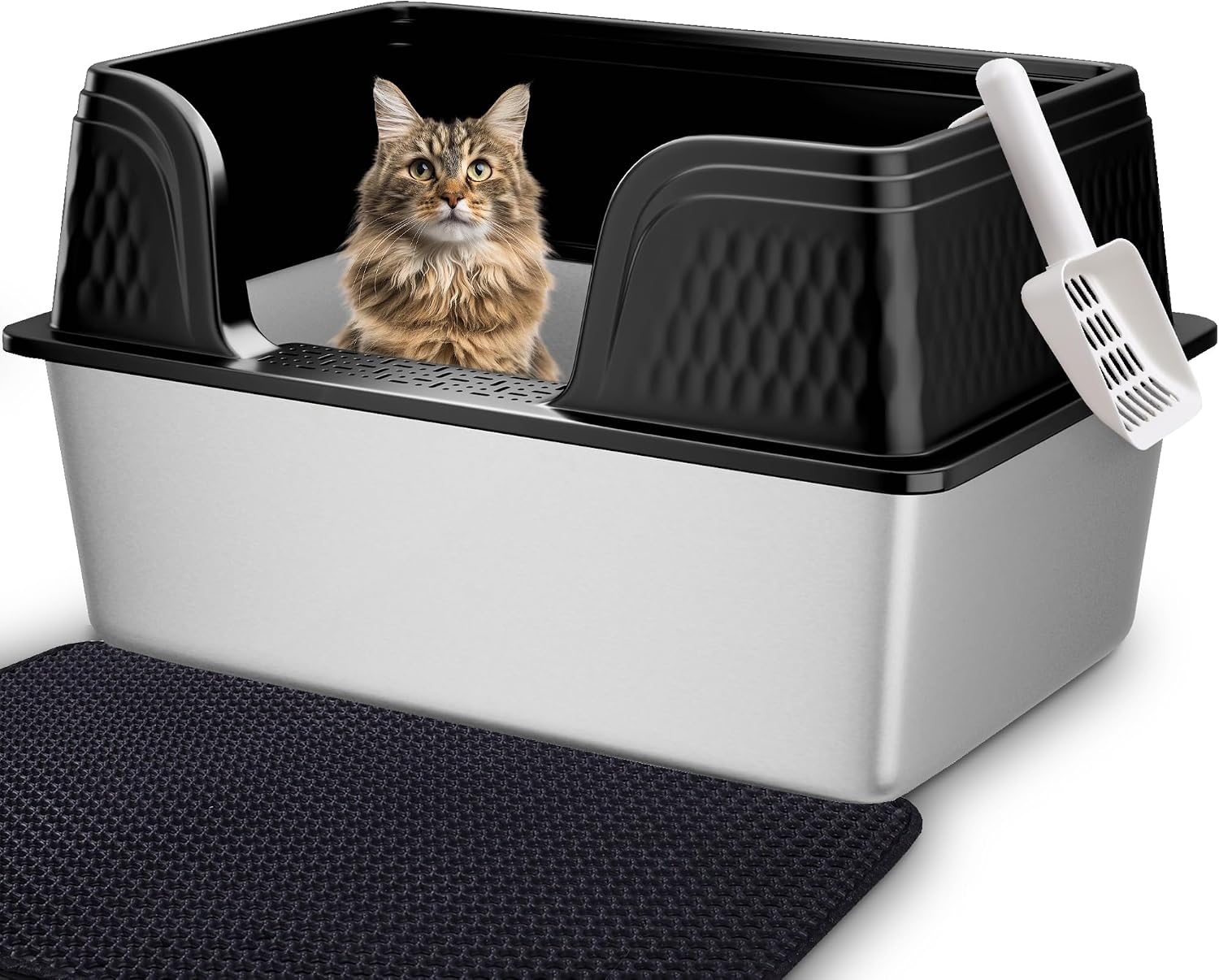 Detalle de Vealind XXL Stainless Steel Cat Litter Tray: High-Sided, Leak-Proof for Large Cats