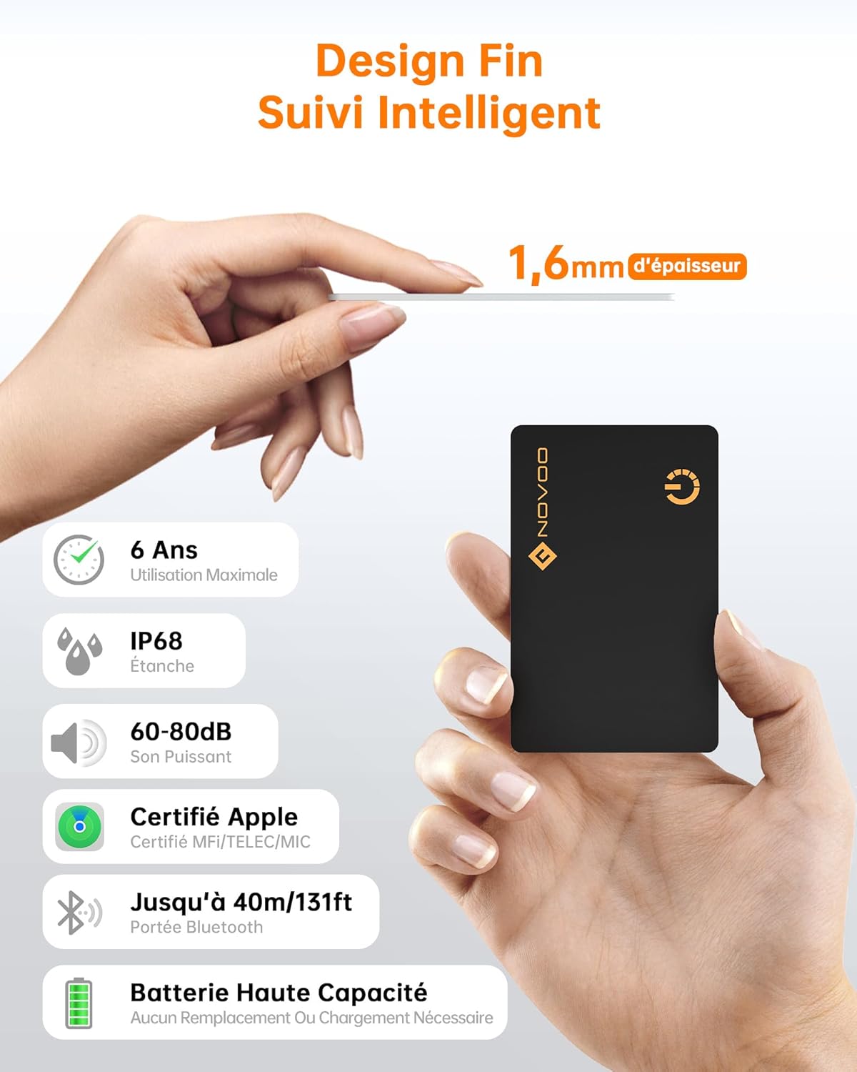 Thumbnail 1 de Carte traceur NOVOO compatible iOS « Air Tag » – format ultra-fin 1,6 mm pour portefeuille, passeport et bagages