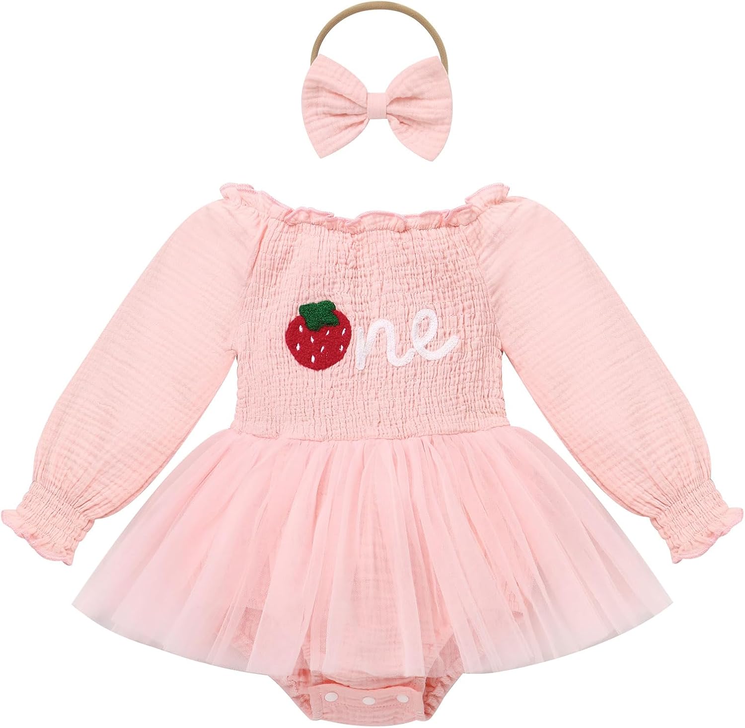 EFOGEP Baby Girls First Birthday Outfit: Princess Long Puff Sleeve Tulle Dress & Bowknot Headband 2-Piece Set