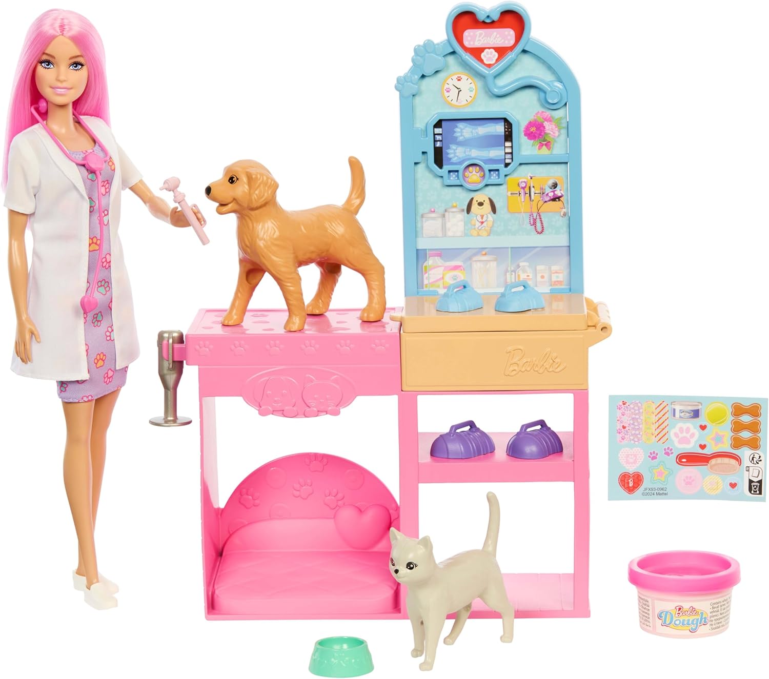 Detalle de Barbie Gute Besserung Tierkrankenstation – Spielset mit rosafarbenen Haaren, Tierarzt-Möbeln und über 10 Zubehörteilen (JFX93)