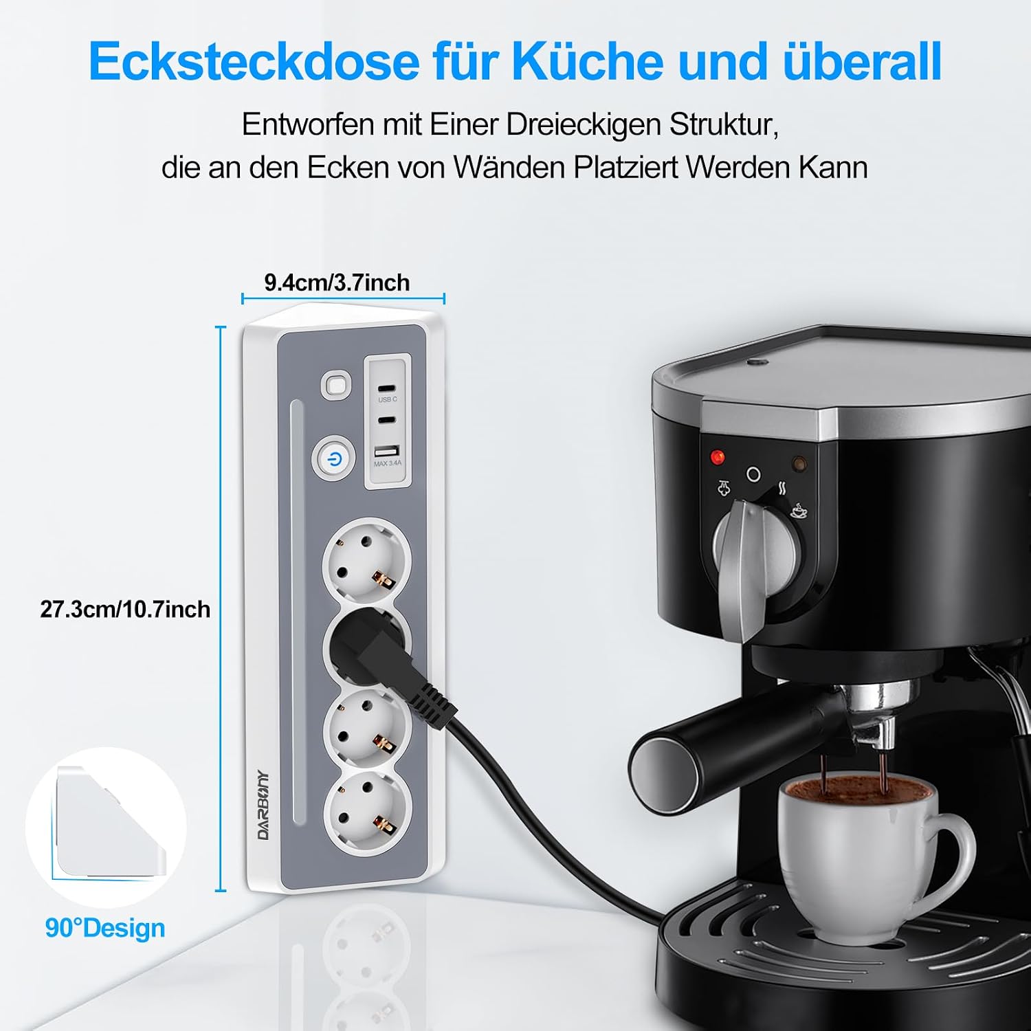 Detalle de Steckdosenleiste mit 2 USB-C, 4-fach Flachstecker und Überspannungsschutz – kompakt & flexibel