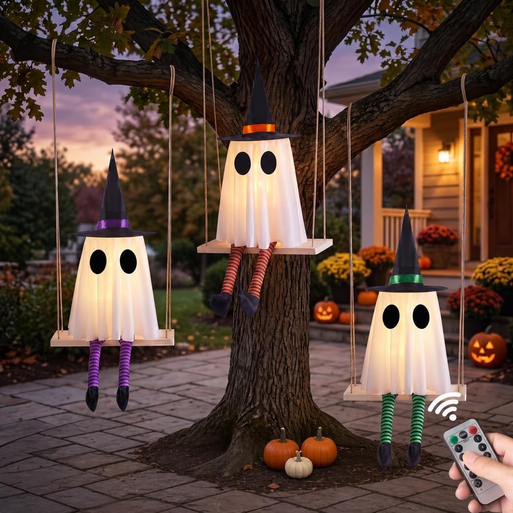 Detalle de CYSKXYI Swing Ghost-006 Halloween Hanging Ghost Decor, 3-Pack with Remote