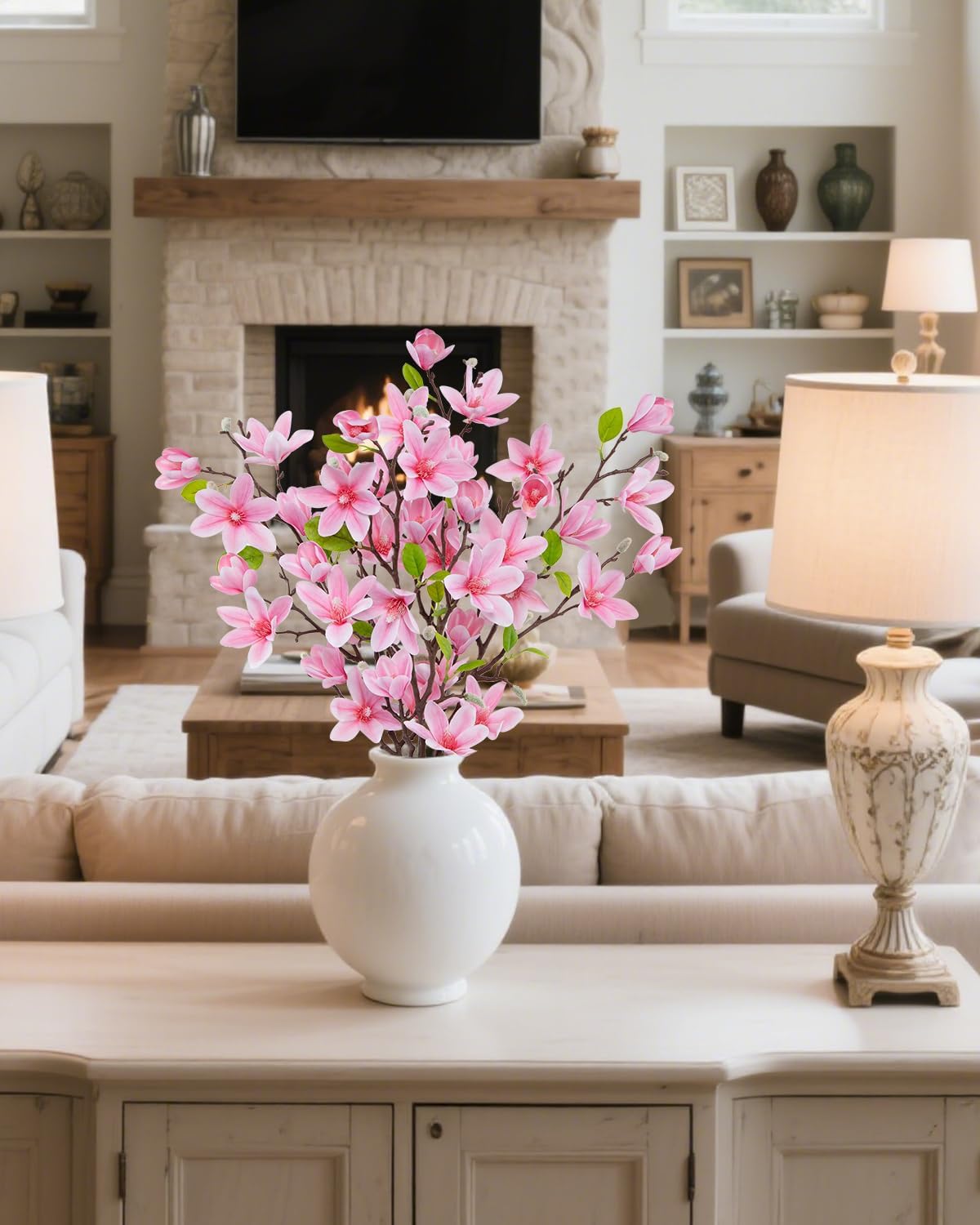 Thumbnail 4 de LEUCHTAMOR 3PCS Artificial Magnolia Flowers – Pink Real-Touch Silk Bouquets for Elegant Home Decor