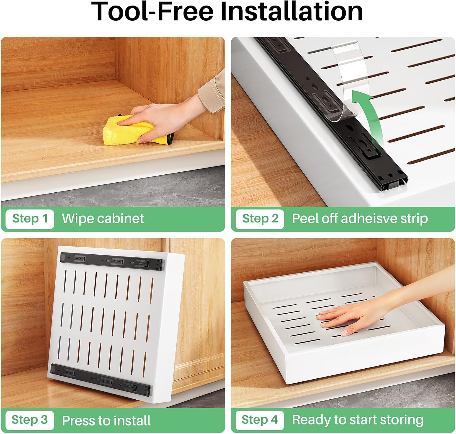 Thumbnail 6 de 2-Pack Pull-Out Cabinet Organizer (21" Deep) — Heavy-Duty Full-Extension Slide Out Drawers for Frameless Cabinets, White
