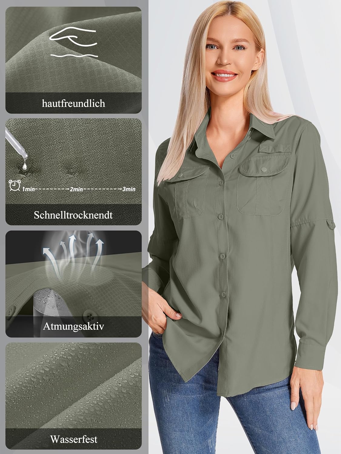 Detalle de Jogwits Camicia da Safari a Maniche Lunghe da Donna – tessuto traspirante, rapido asciugaggio e UPF50+
