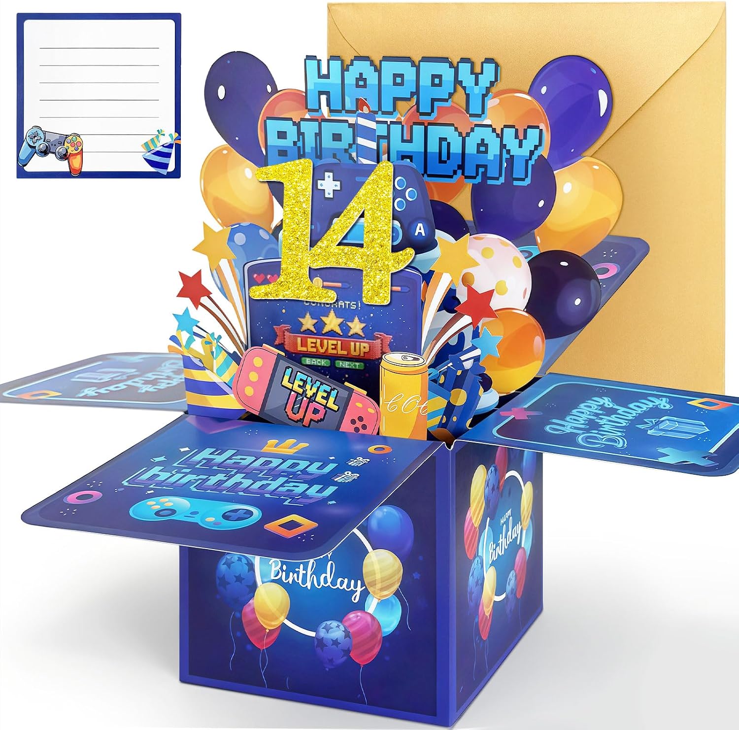 Detalle de Hierein 14th Birthday Card – Pop Up 14 with LEVEL UP design