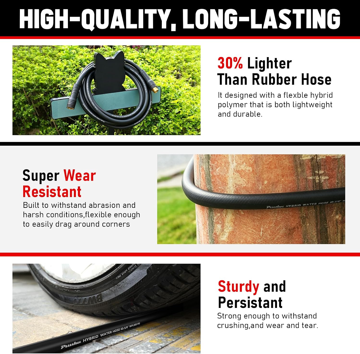 Detalle de PUUKU 100 ft Garden Hose, 5/8-Inch Hybrid, 600 PSI Burst Pressure