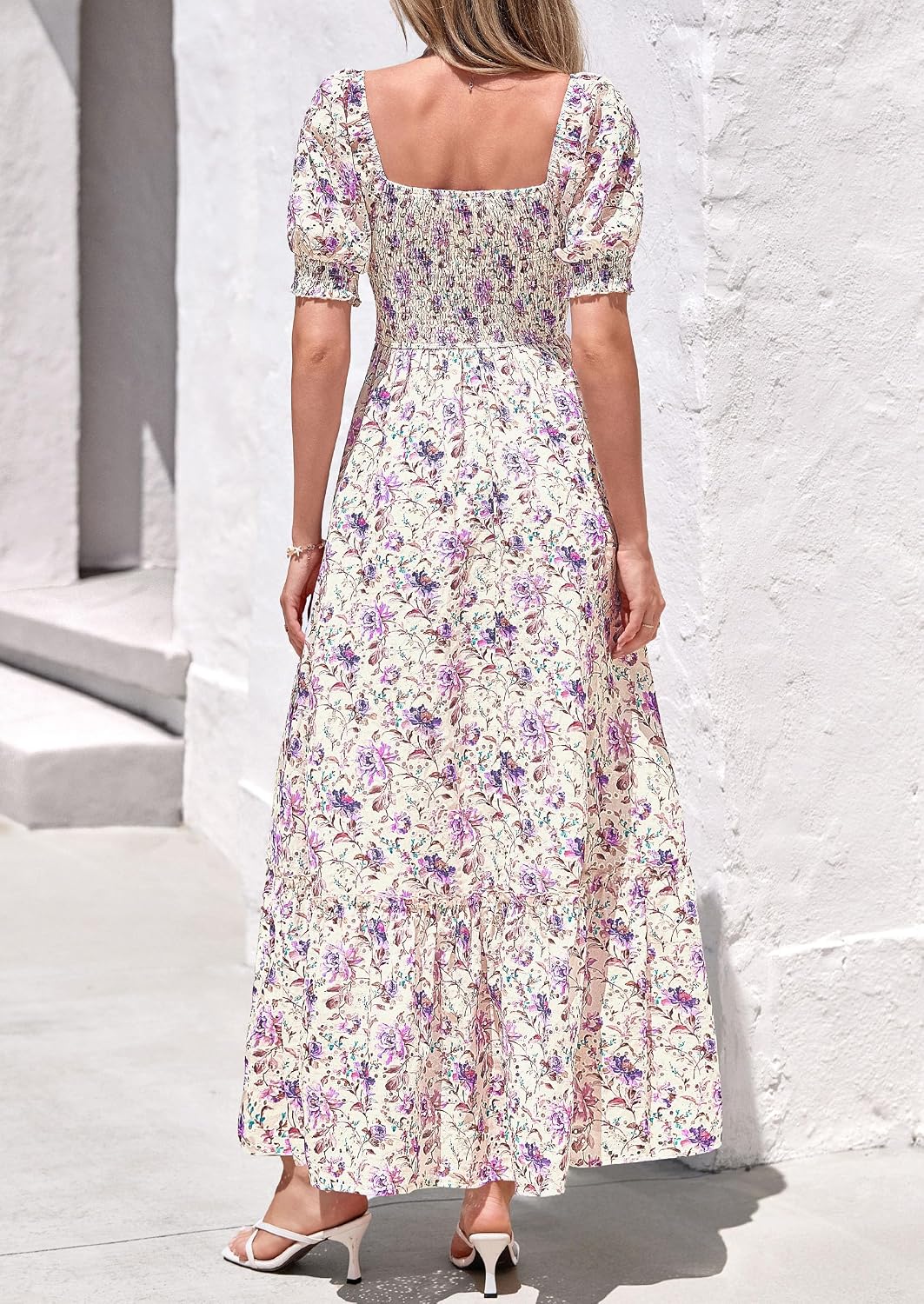 Detalle de PRETTYGARDEN Floral Boho Maxi Dress with Smocked Bodice, Eyelet Detail, and Pockets