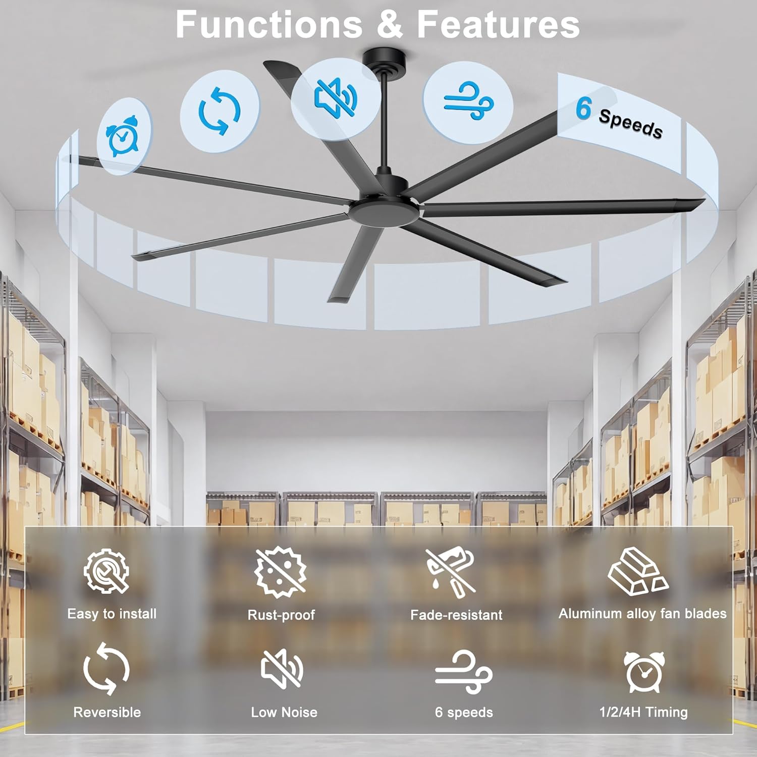 Thumbnail 6 de Ohniyou GLX049 96-Inch Industrial Ceiling Fan, 7 Aluminum Blades, Remote and App Control