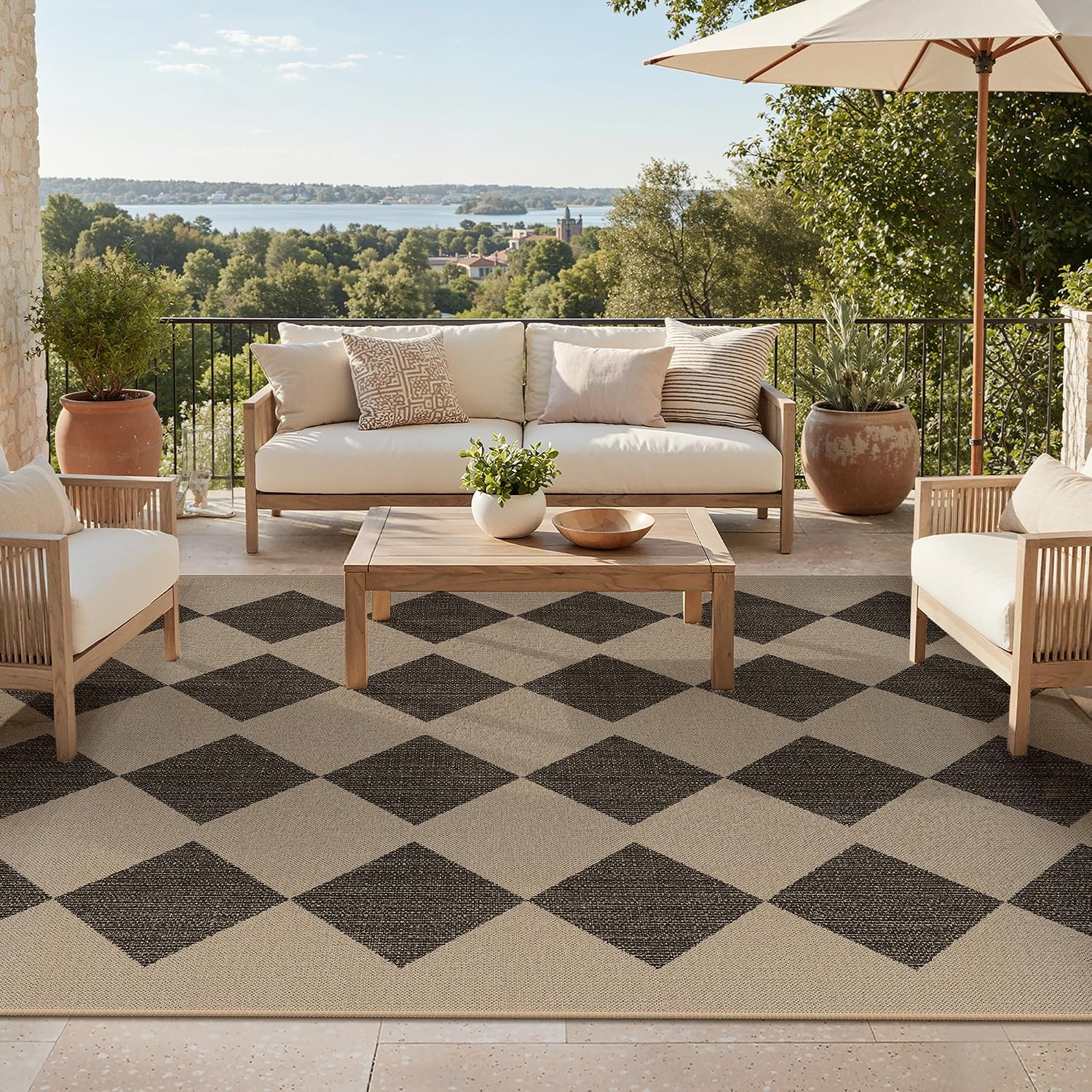 Detalle de GENIMO ARM 6x9 Outdoor Rug, Washable Polyester, Charcoal Natural