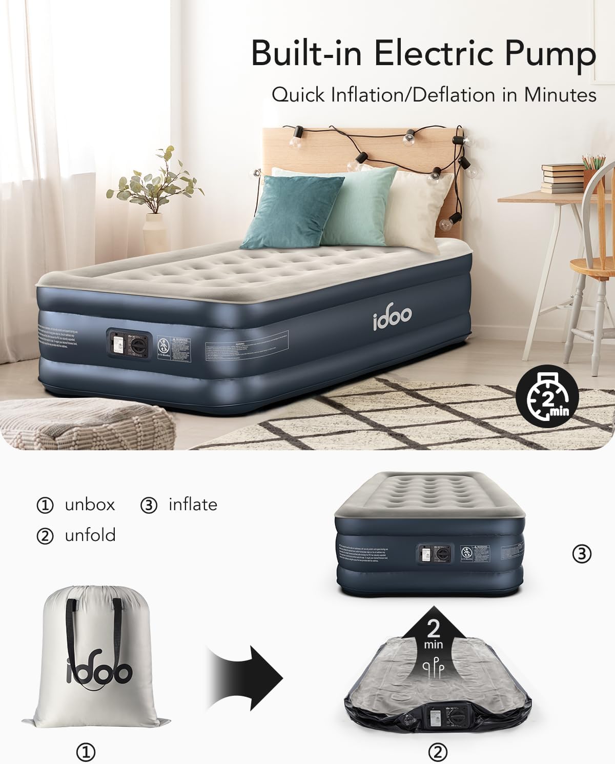 Detalle 2 de iDOO R-M001-GY Twin Air Mattress with Built-in Pump and Flocked Top