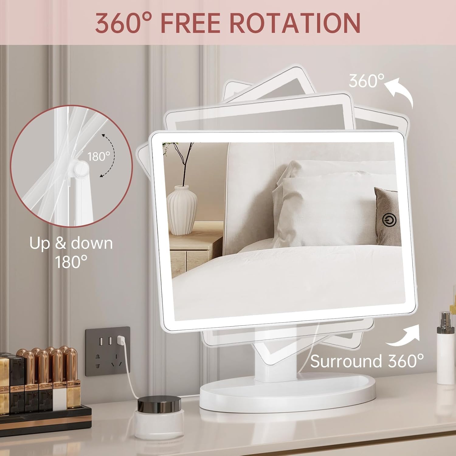 Detalle de FUNTOUCH Großer Schminkspiegel mit Beleuchtung (XL) – 10x Vergrößerung, 88 LEDs, 360° Drehbar