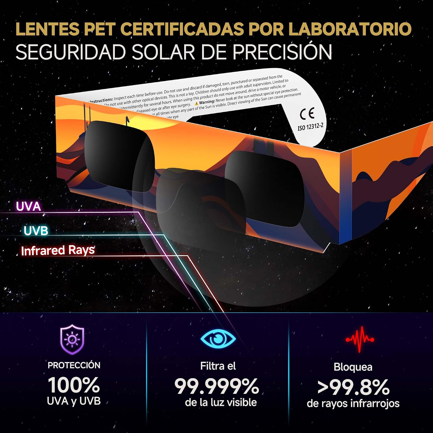 Detalle de Gafas Eclipse Specs: Pack de 3/5/10/25 gafas para observación solar con certificación ISO 12312-2 y CE