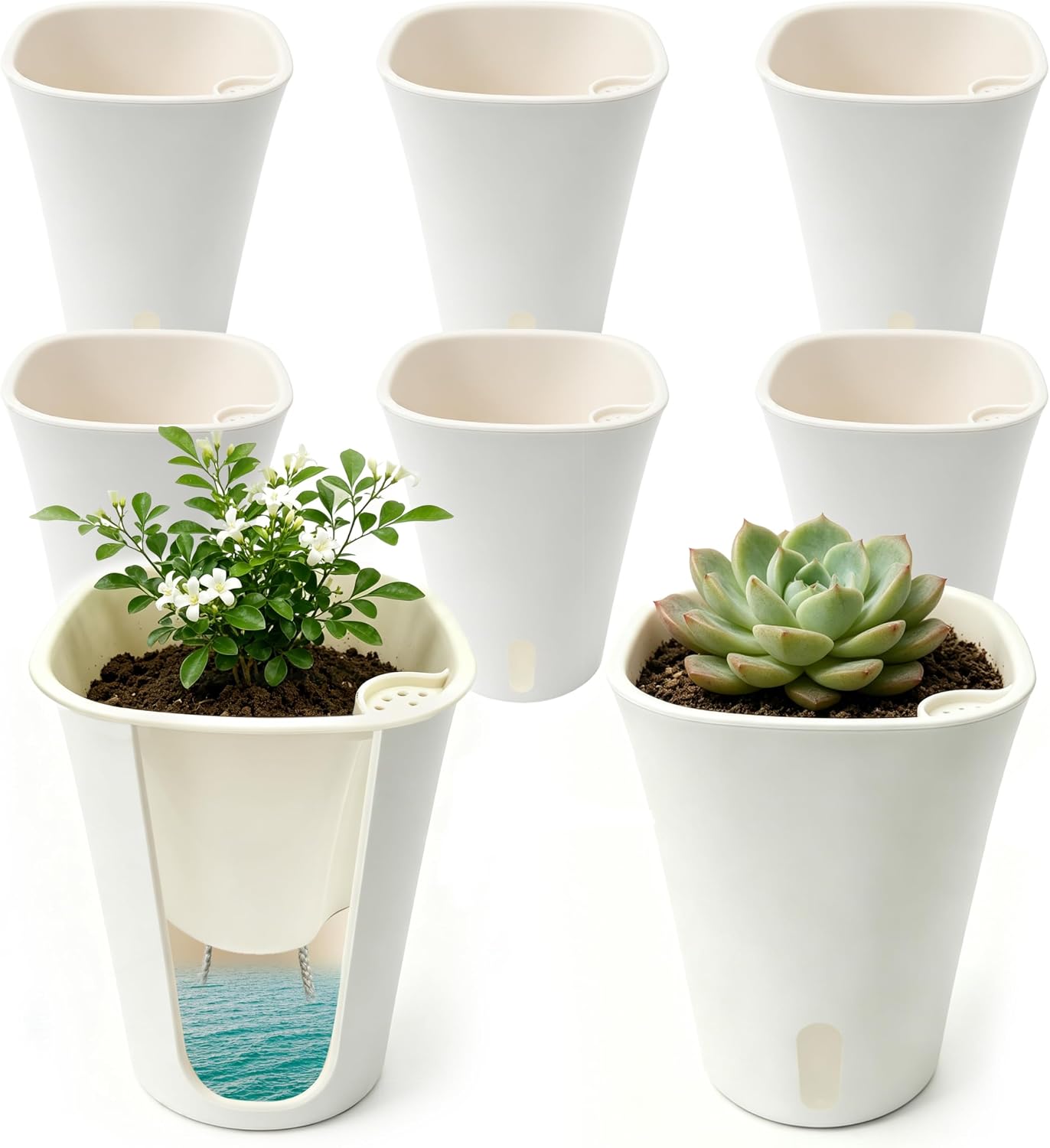 Detalle de SYITCUN Self Watering Pots, 8-Pack 4-Inch Indoor Planters with Water-Level Window