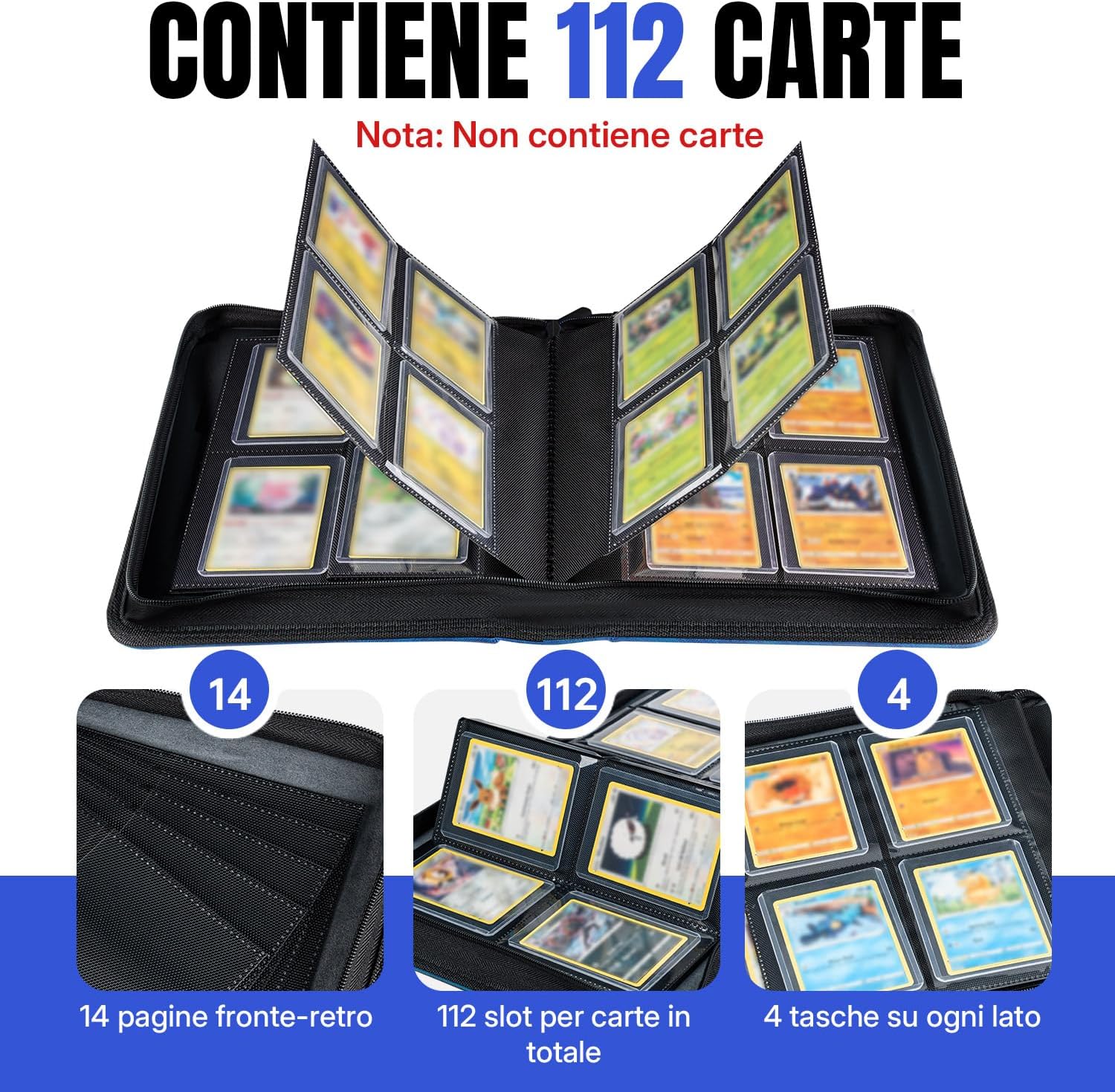 Thumbnail 2 de Tolesum Toploader Album carte collezionabili 112 slot, 4 tasche/pagina, 10 Toploader inclusi – custodia in PU blu