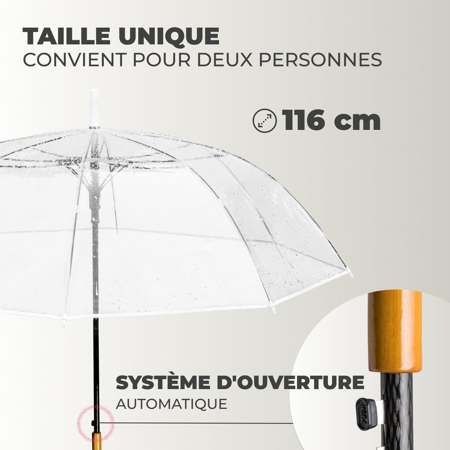 Thumbnail 5 de LOGAN & BARNES Parapluie de mariage transparent Cardiff Ø120 cm — XXL, bois véritable, 16 baleines renforcées