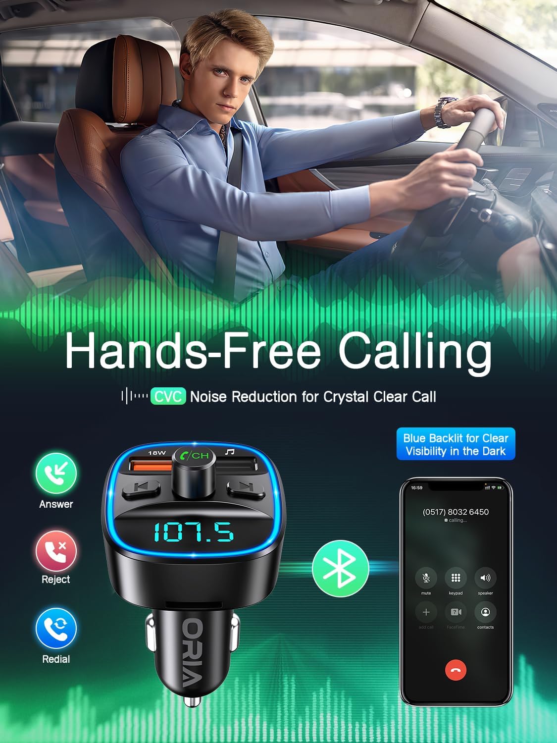 Detalle de ORIA Bluetooth FM Transmitter fürs Auto (Bluetooth 5.3, Freisprechen, Mikrofon mit CVC, SD-/USB-Wiedergabe)