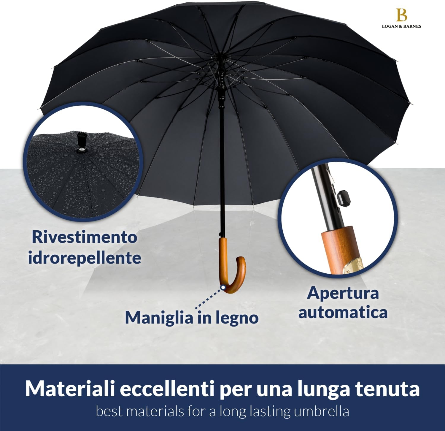 Thumbnail 5 de LOGAN & BARNES Ombrello antivento Edinburgh Ø120 cm – XXL in legno autentico, 16 stecche e punta in gomma