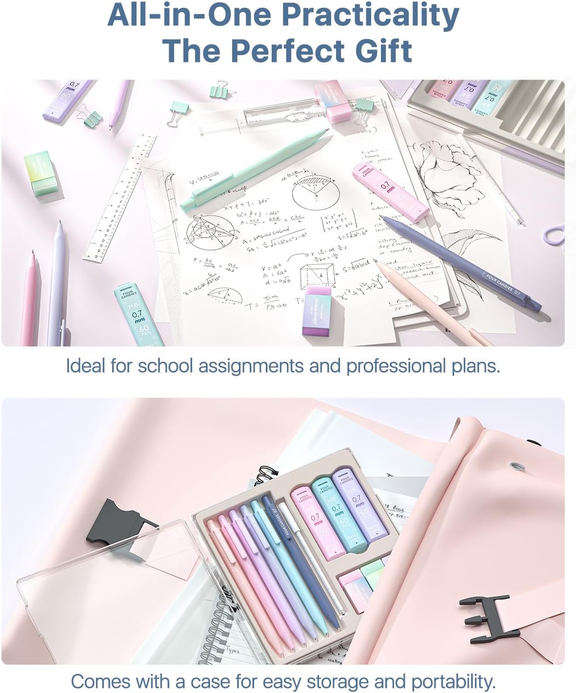 Detalle de Four Candies 0.7mm Mechanical Pencils (HB & 2B) with Pastel Eraser Set – 16-count value pack