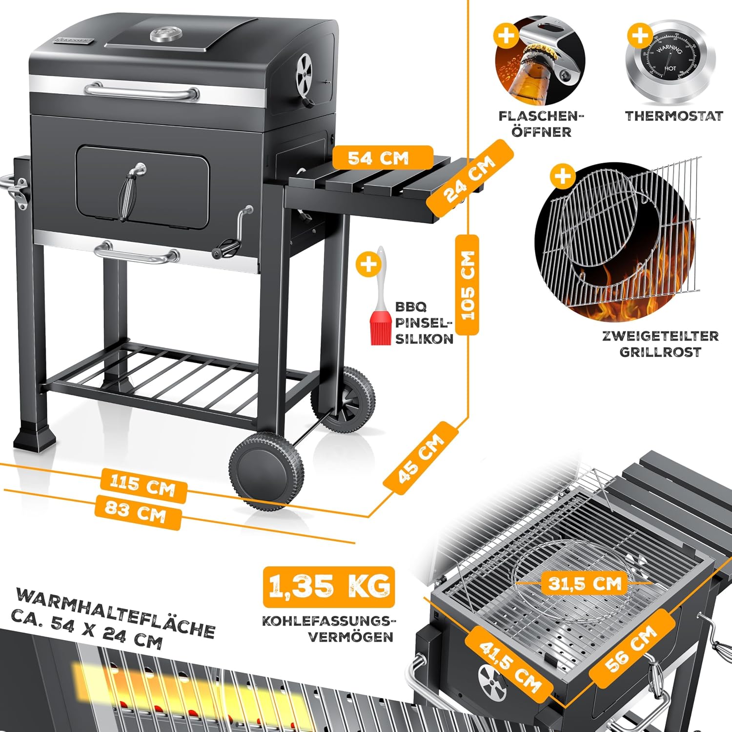 Thumbnail 6 de KESSER Grillwagen BBQ Smoker XL – Holzkohlegrill mit Deckel, Rädern und Thermometer