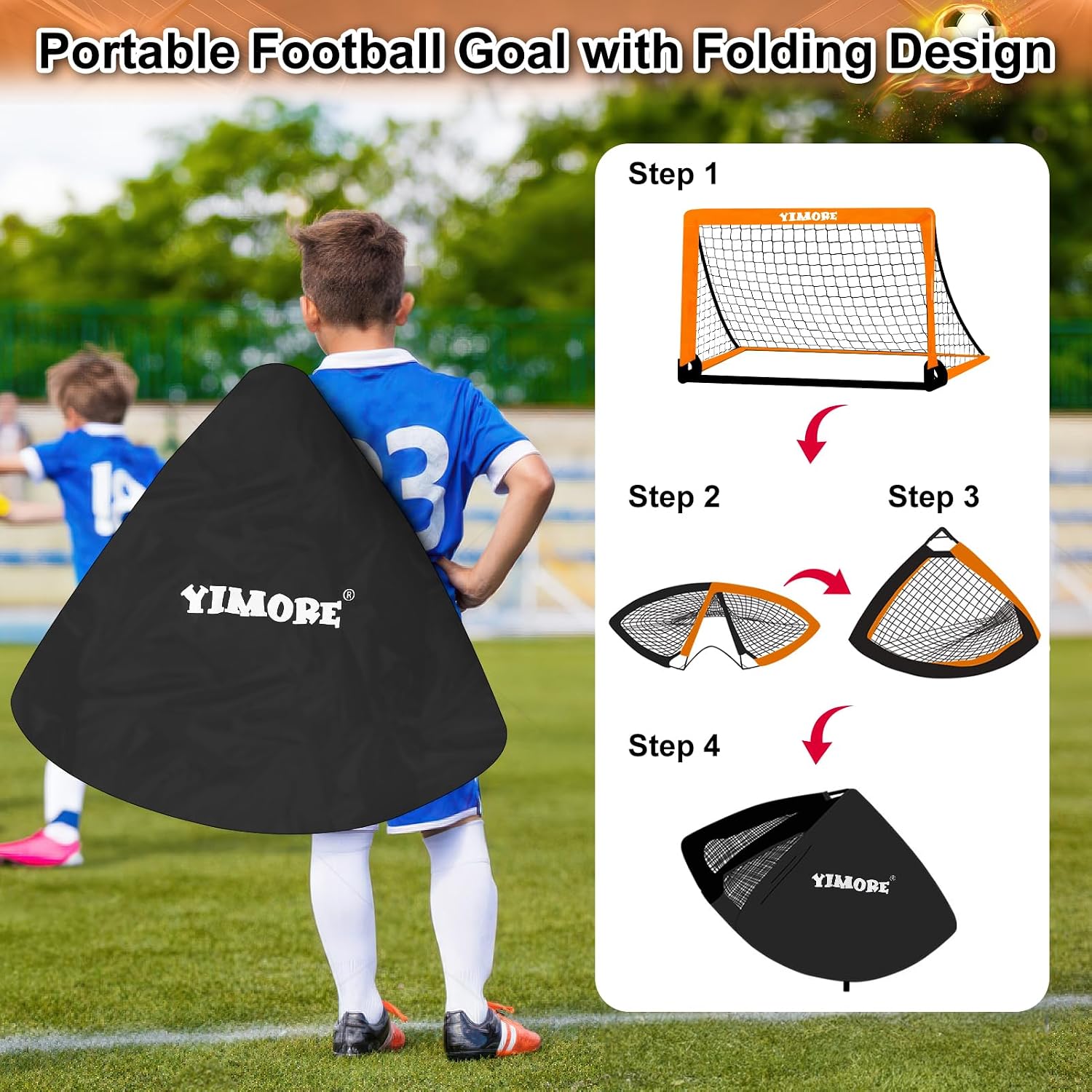 Detalle de Yimore Porta Calcio Bambini 3 in 1 pieghevole con borsa e accessori, 120×90×90 cm