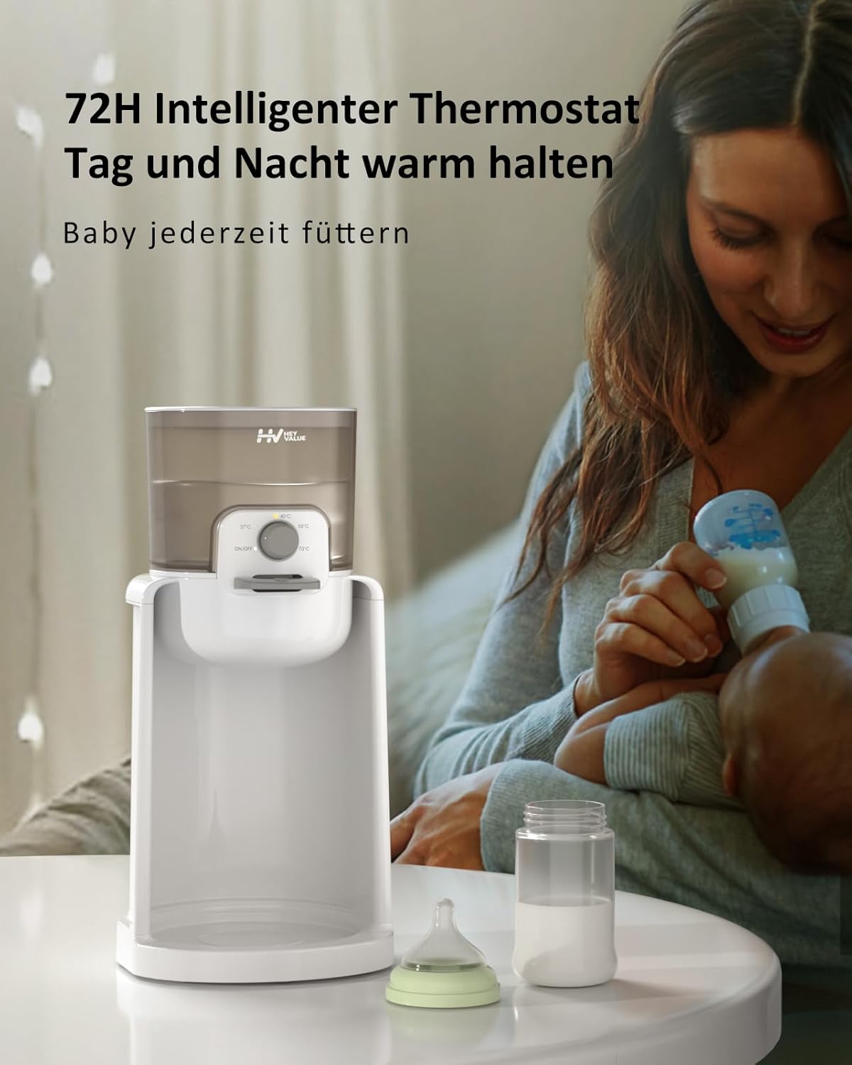 Thumbnail 3 de HEYVALUE Flaschenzubereiter für Babys & Flaschenwärmer mit Smart Thermostat – 4 Temperaturen, 72 Stunden Warmhaltefunktion, Weiß