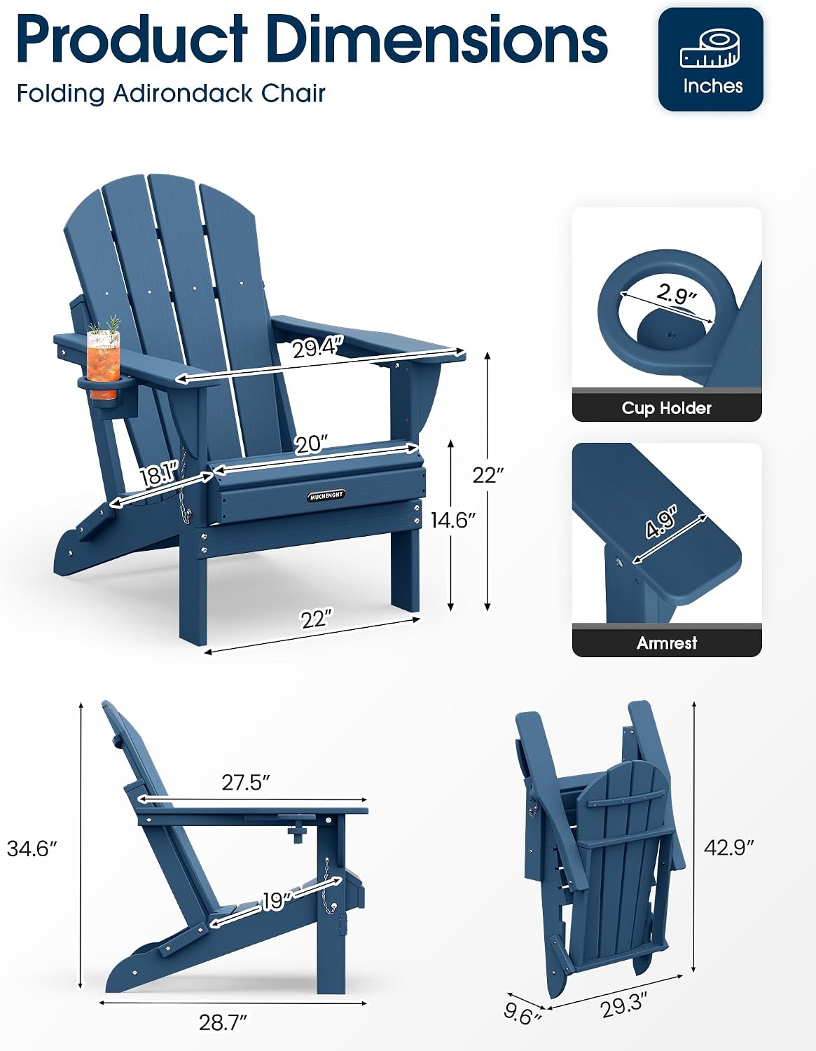 Detalle de MUCHENGHY Folding Adirondack Chair HDPE, Navy Blue with Cup Holder