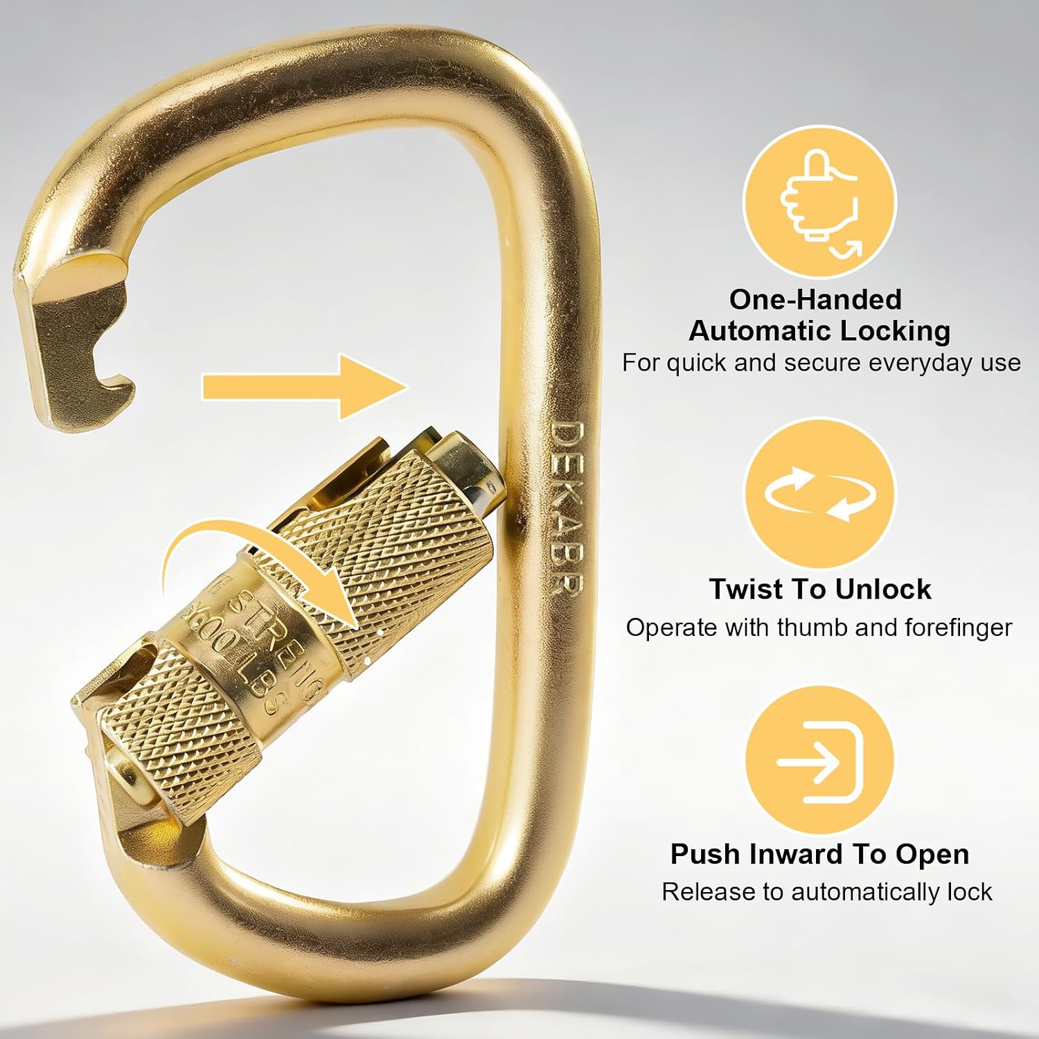 Detalle 1 de DEKABR Heavy-Duty Climbing Carabiners, 45 kN Twist-Lock, Gold, 5-Pack