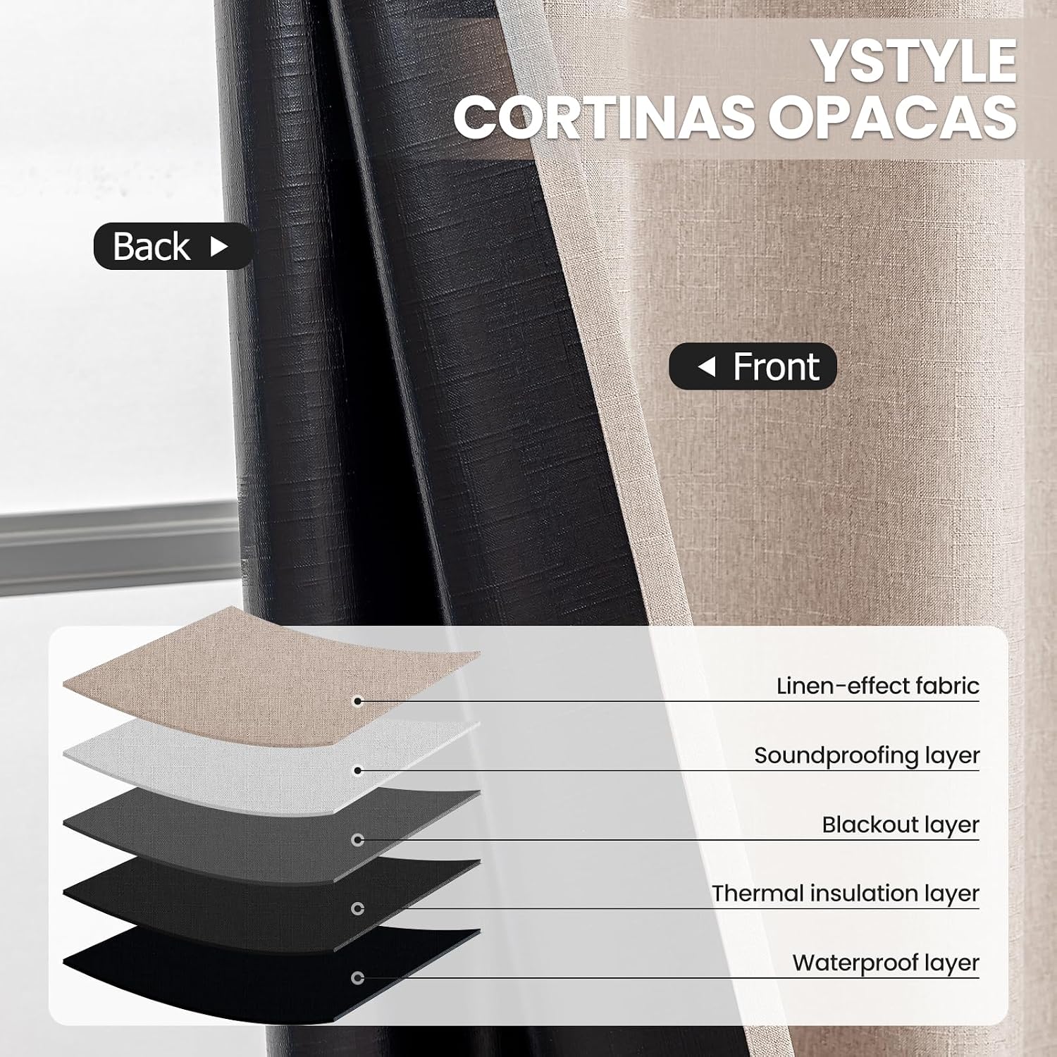 Detalle de Ystyle rideaux occultants 100% Rideau thermique (lot de 2) 140x225 cm effet lin, œillets — marron clair