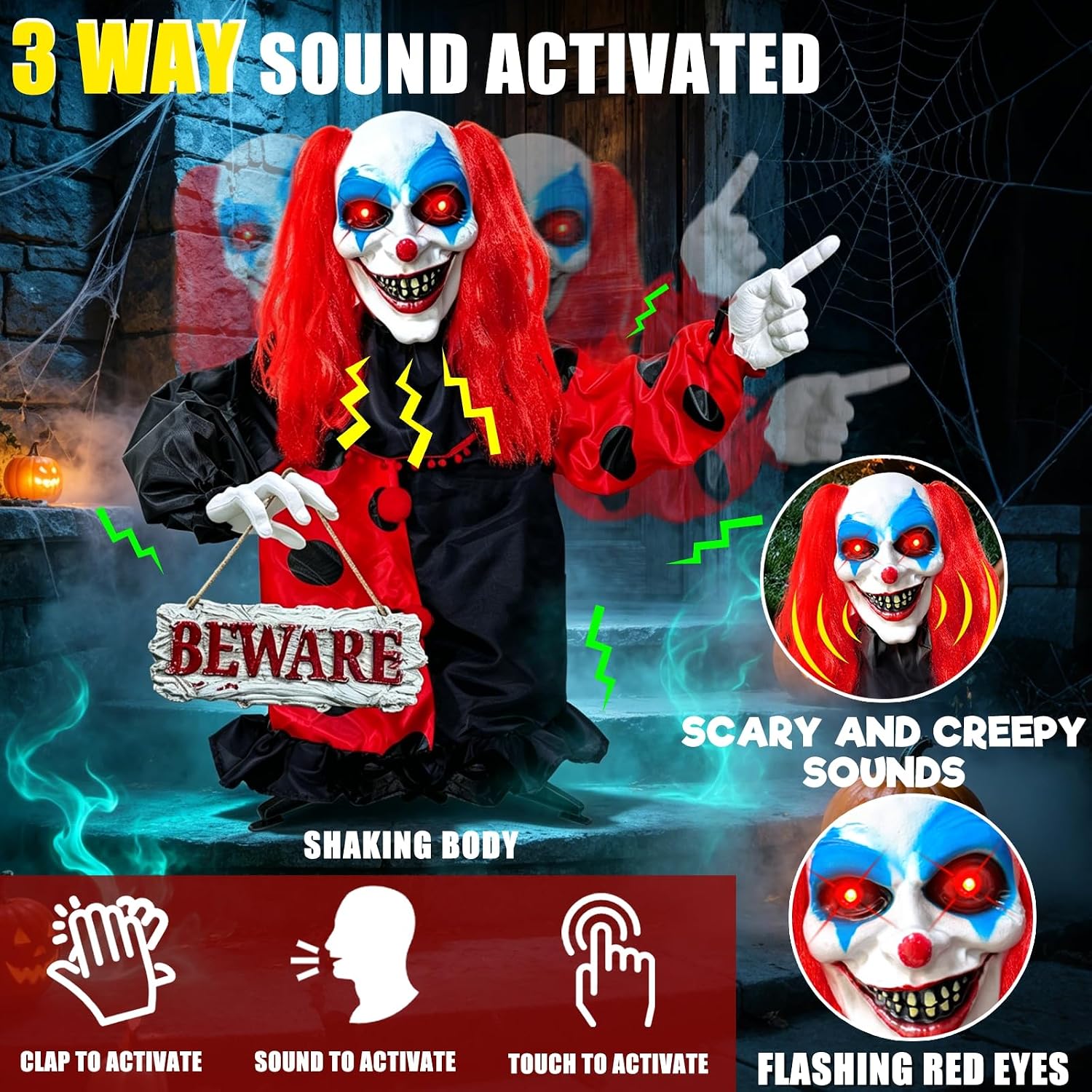 Detalle de TURNMEON 40-Inch Animatronic Clown with Sound Activation and Red LED Eyes