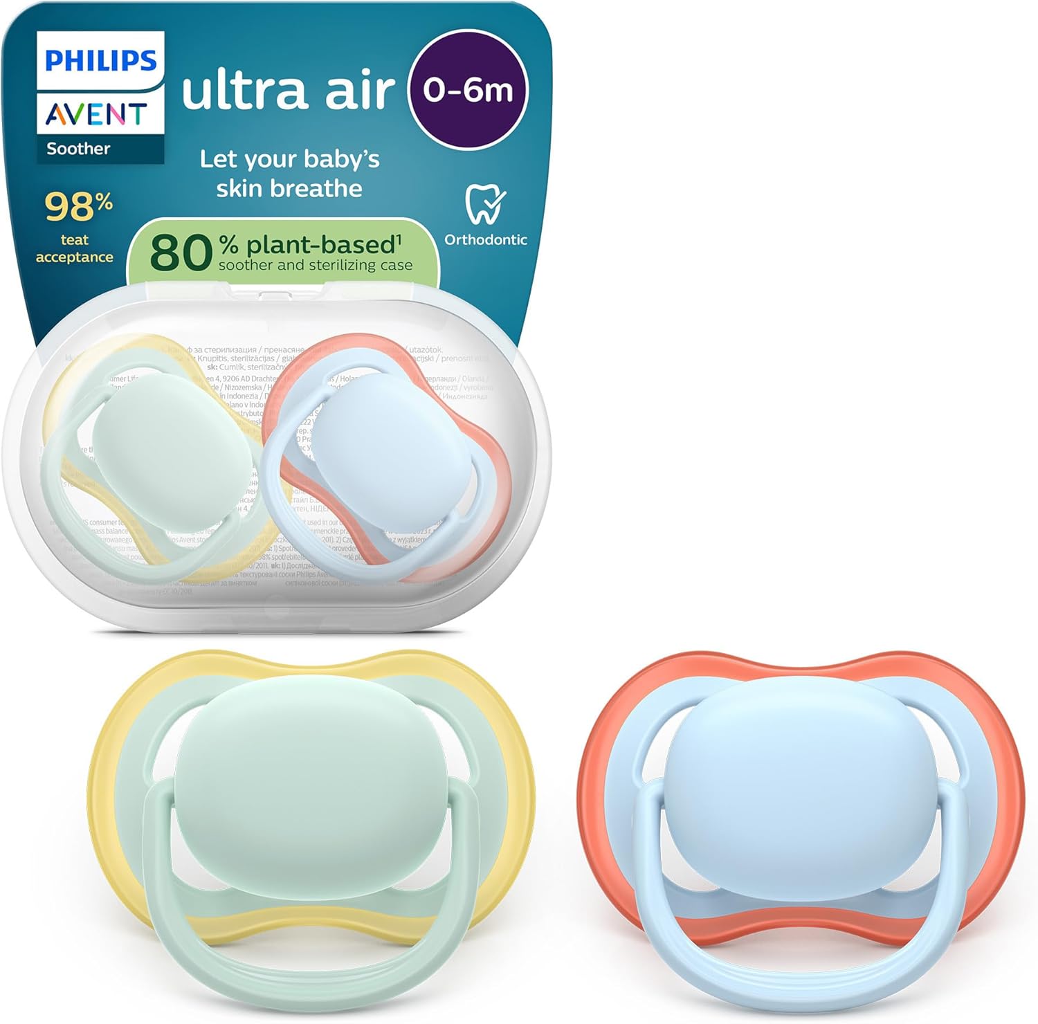 Detalle de Philips Avent Ultra Air Soothers 0–6 Months (SCF087/01) – Orthodontic Design, 2 Pack with Sterilising Case