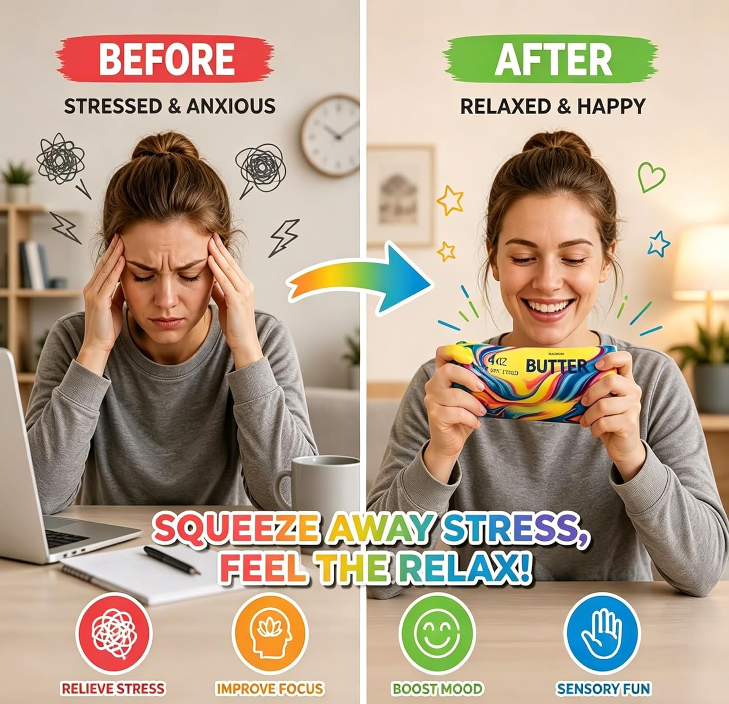 Detalle de 3PCS Butter Squishy Stress Toy — Soft Gel Fidget Set for Anxiety Relief and Focus