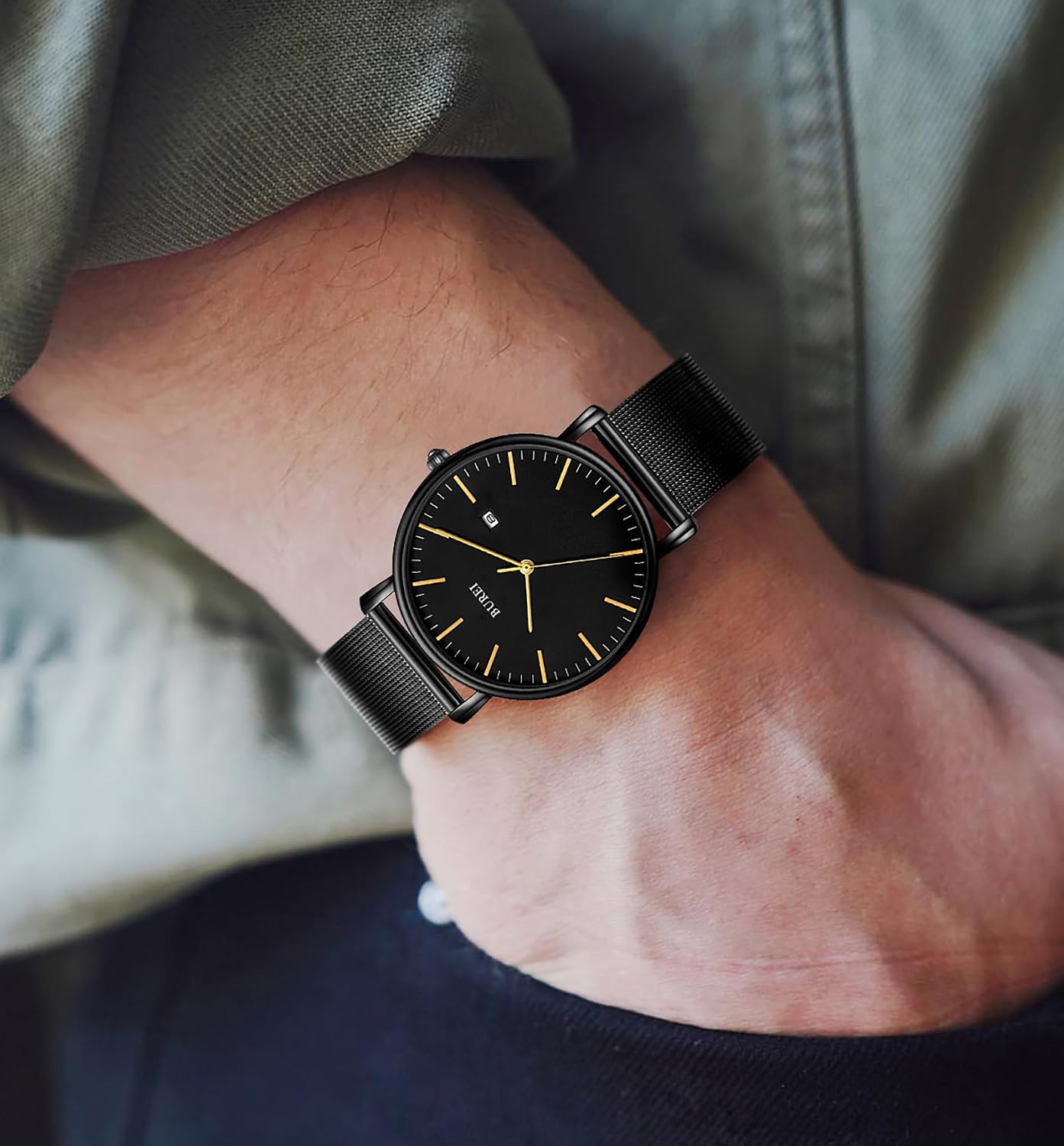 Detalle 1 de BUREI Ultra Dünne Herrenuhr mit Datum