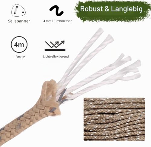 Detalle de HIKEMAN 4mm Reflektierende Zelt Abspannseile – 4 m, Karabinerhaken, 73 g, Tragfähigkeit bis 550 lbs
