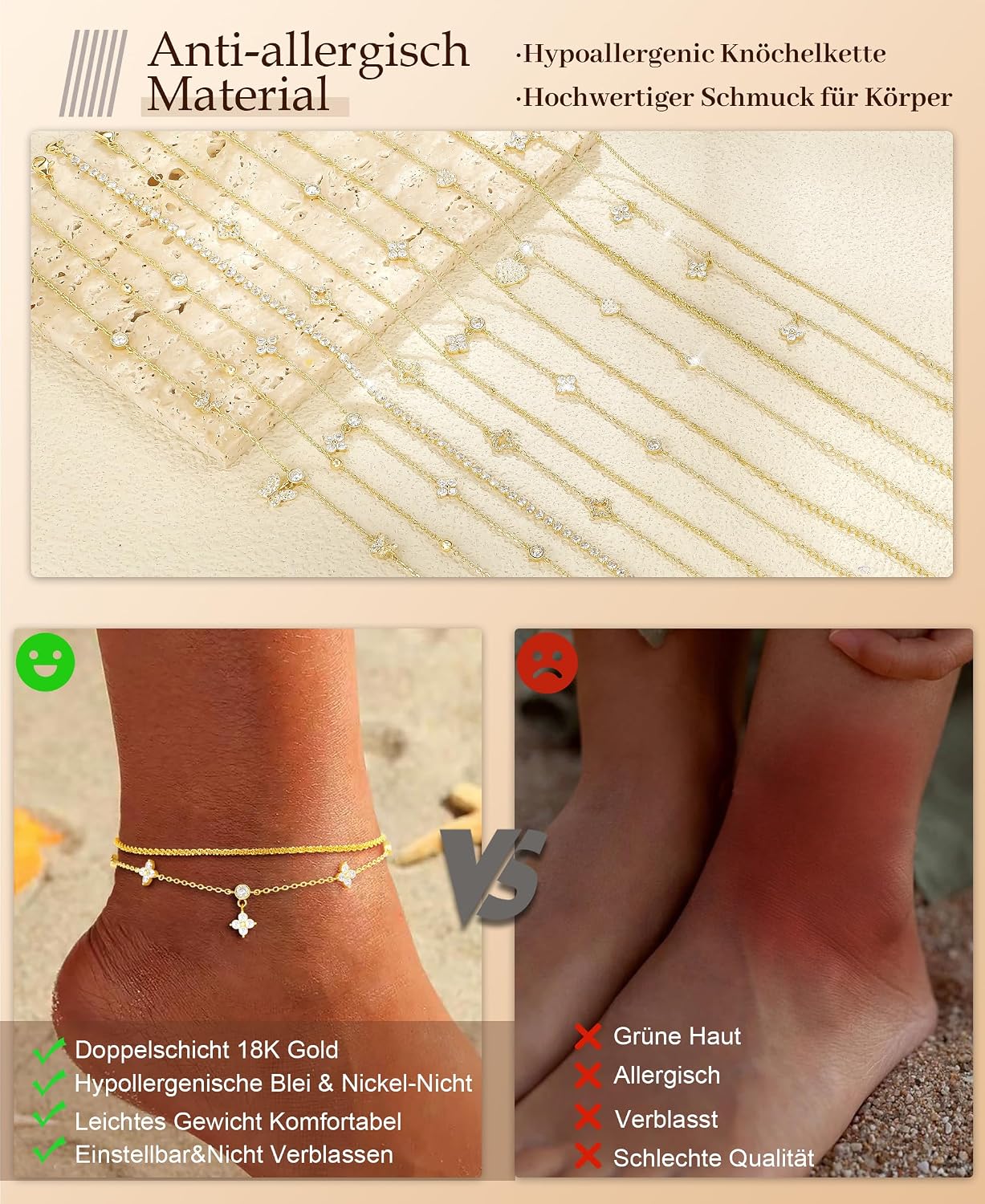 Detalle 2 de ZOERAY Fußkettchen Damen Silber 925 / Gold – Verstellbare, wasserfeste Sommer-Fußkette mit Charms
