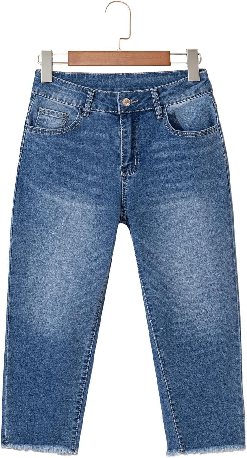 Thumbnail 6 de Sidefeel Women's Capri Jeans High Waisted Straight Leg with Raw Hem