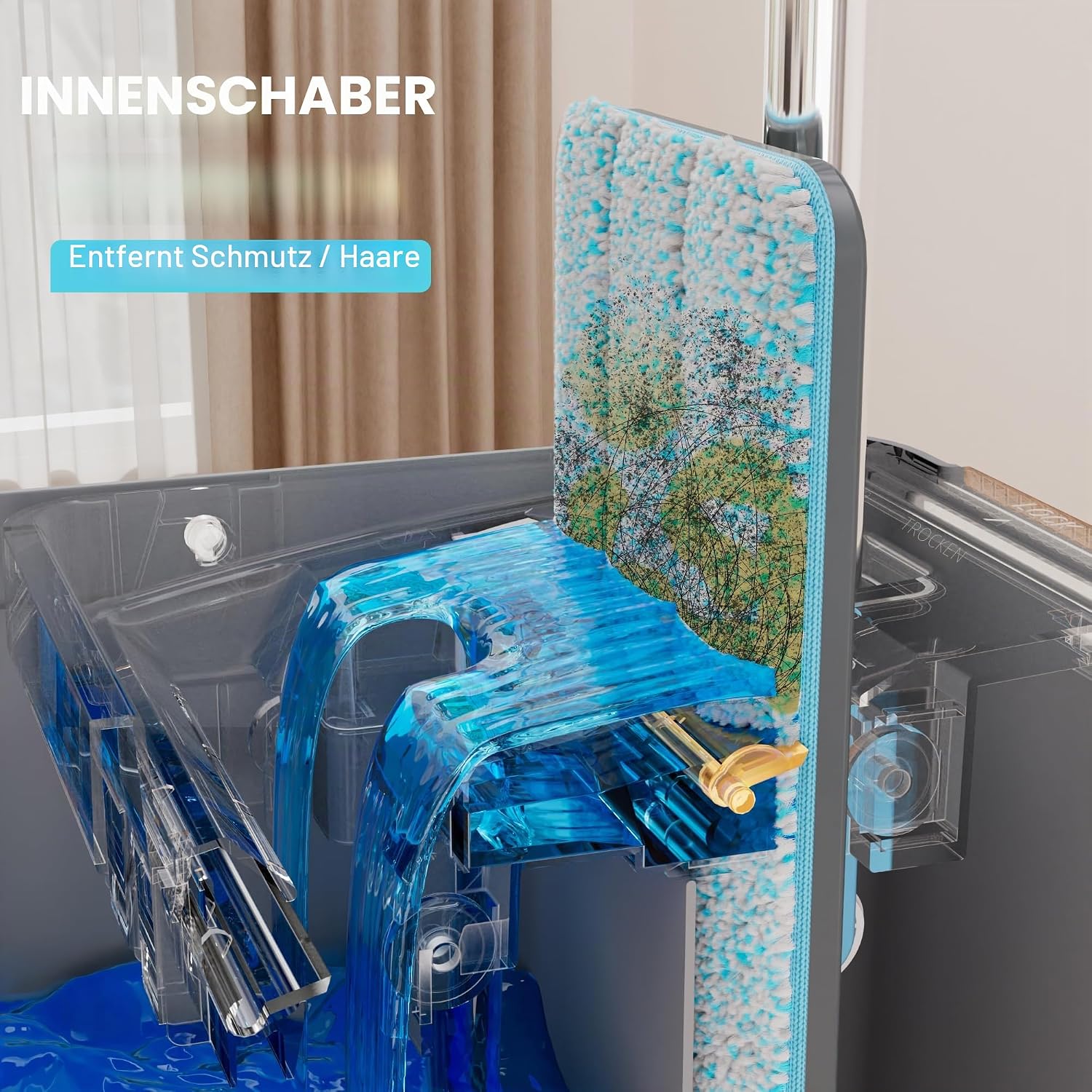 Detalle de JOYMOOP Wischmopp-Set mit Auswringer – Eimer, 360°-Wischkopf, ausziehbarer Griff & 6 Mikrofaser-Pads (Grau/Cyan)