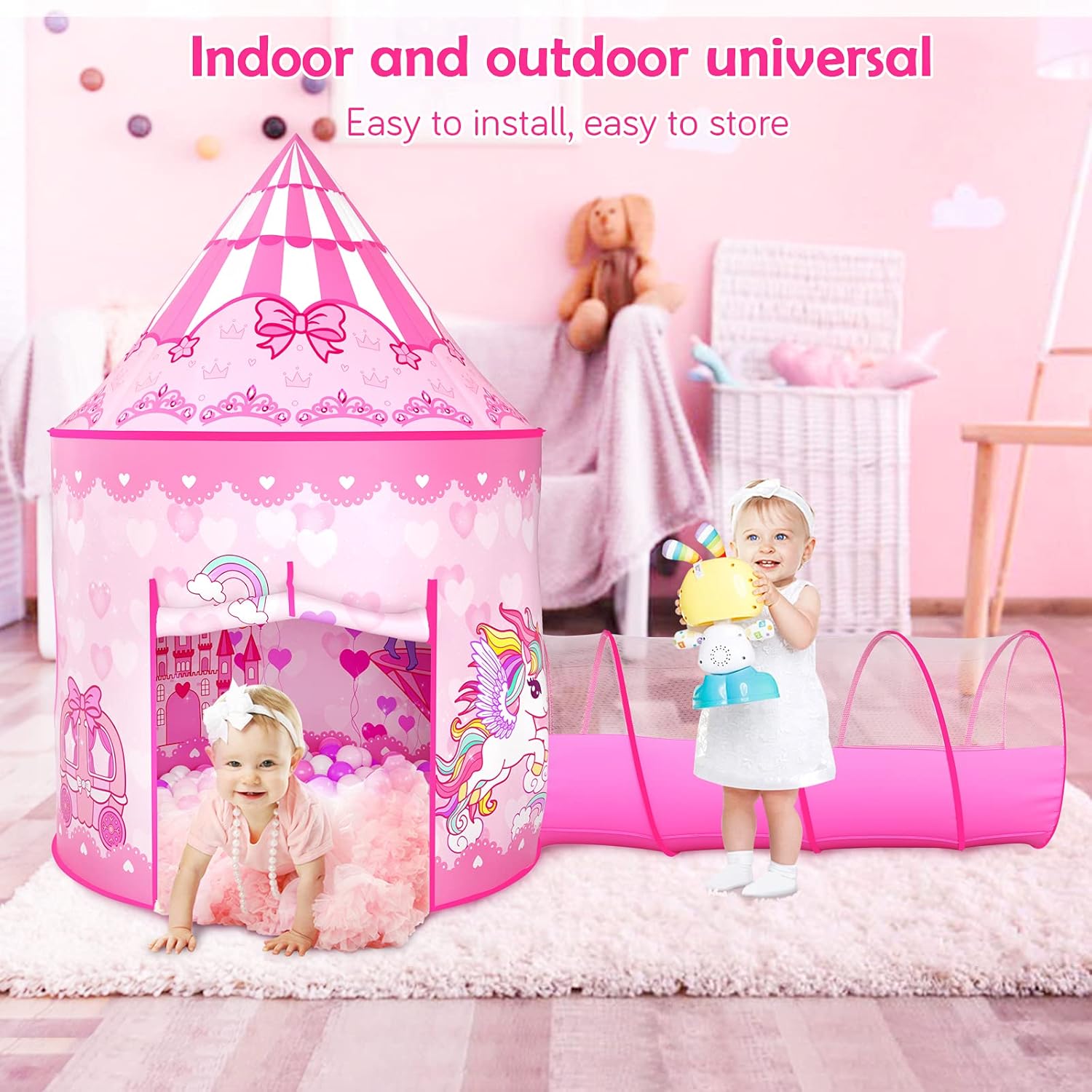 Thumbnail 4 de GeerWest 3-Piece Princess Tent for Girls with Ball Pit and Crawl Tunnel (Pink) – Indoor & Outdoor 3-in-1 Playhouse