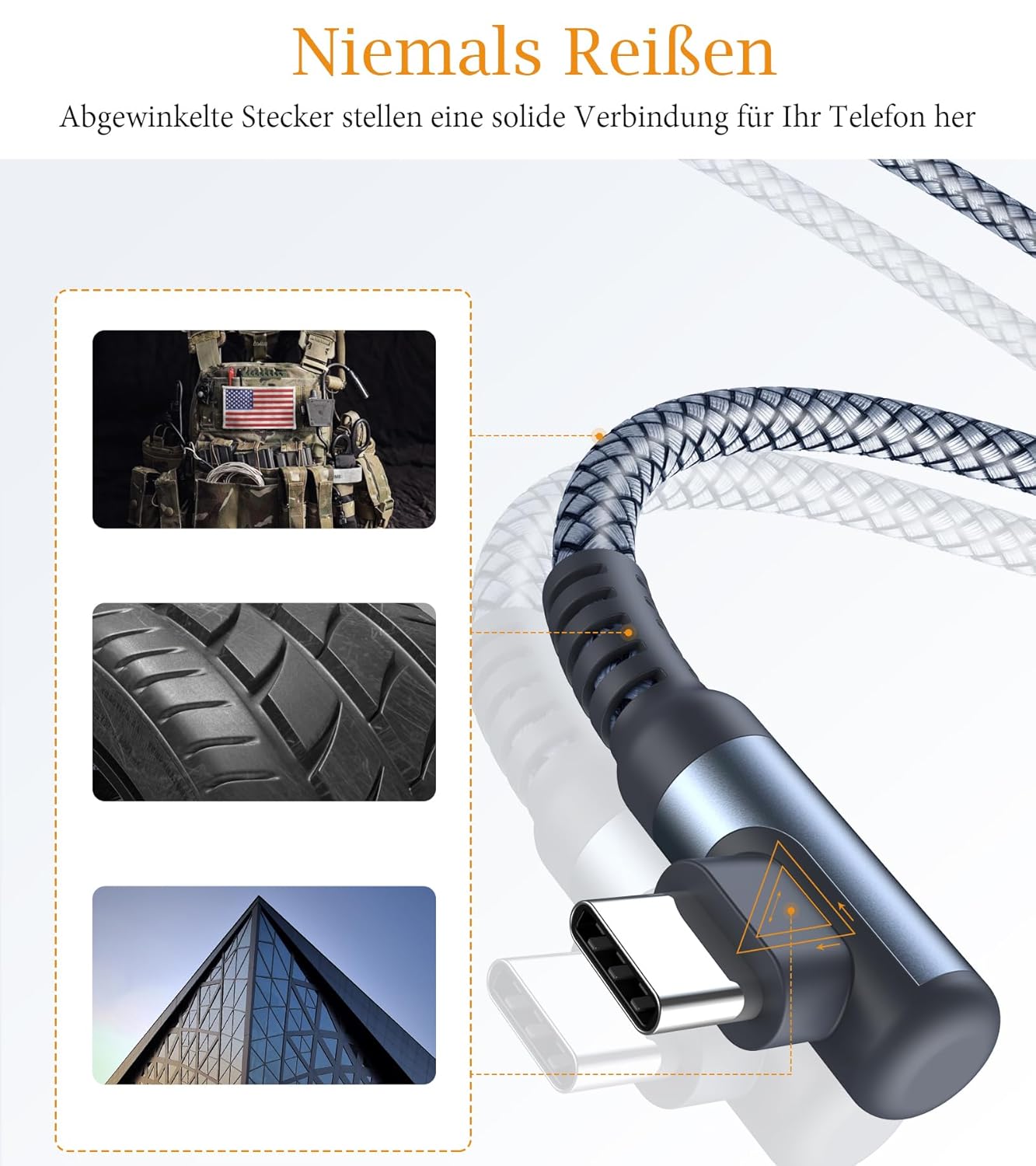 Detalle de Sweguard USB-C Kabel 3.1A Schnellladung – 2er Set, 1 m, Winkel-Design, Nylon-Verkabelung