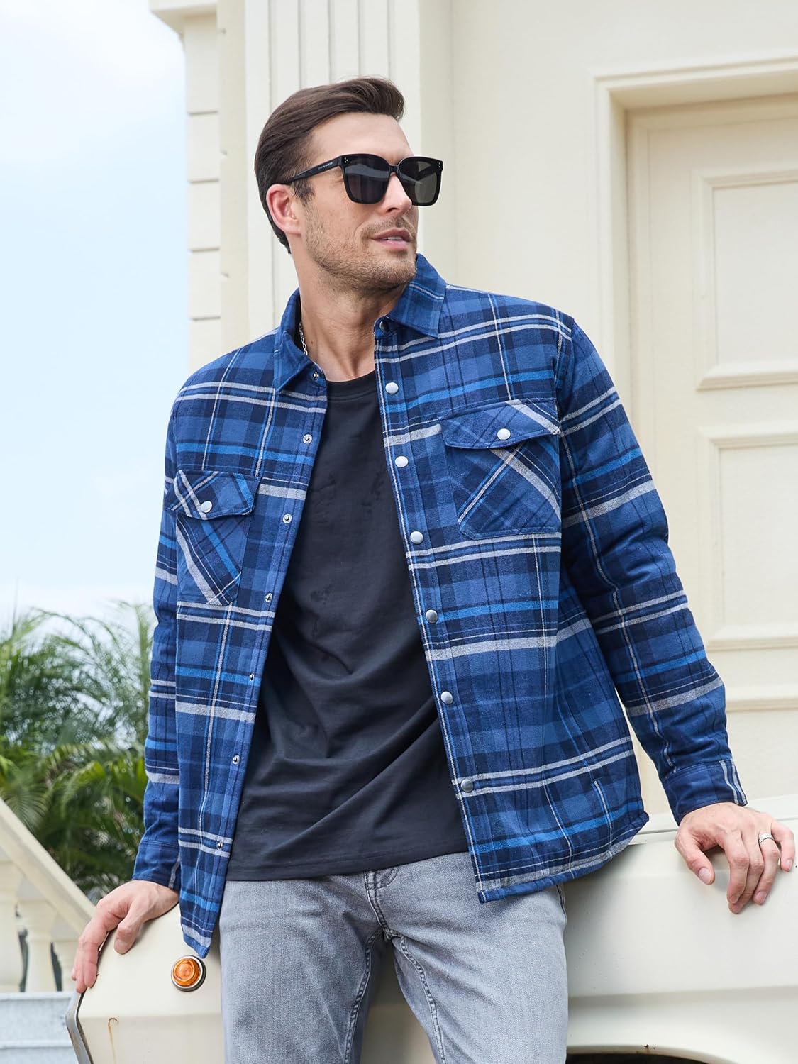 Detalle 2 de TACVASEN Men's Quilted-Lined Flannel Shirt Jacket, Lightweight Button-Down