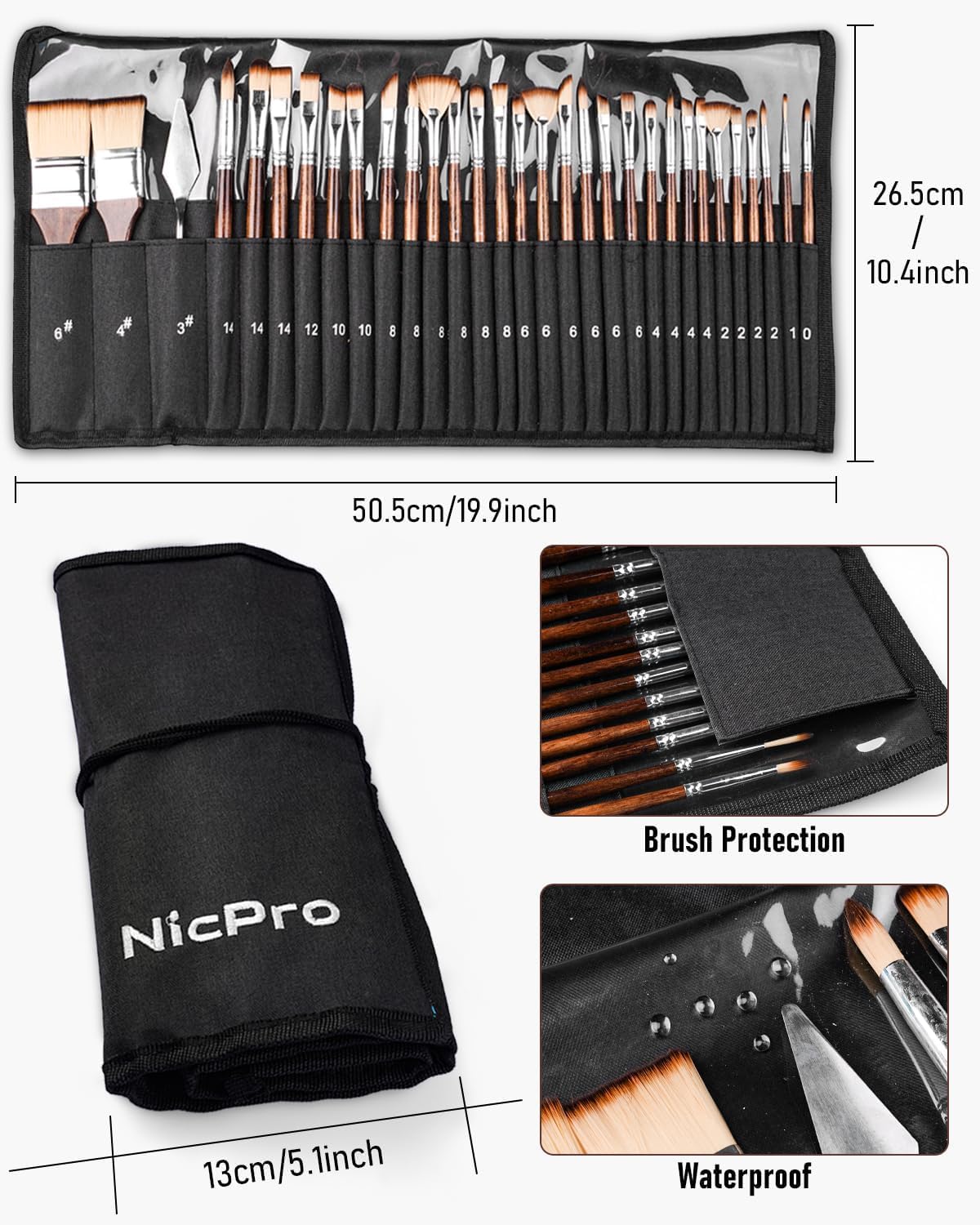 Thumbnail 6 de Nicpro 30pcs Paint Brush Set — Professional Nylon Brushes with Roll-Up Case