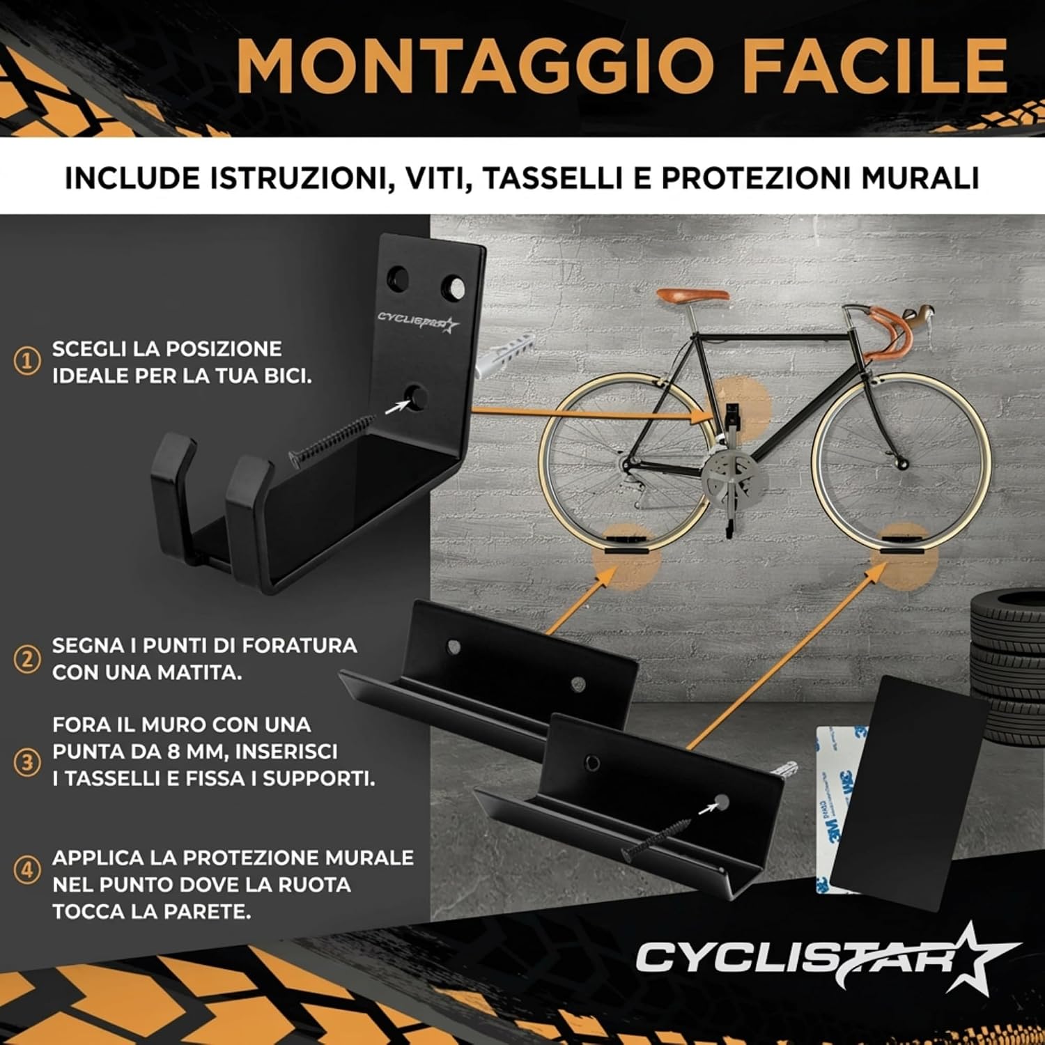 Detalle de CYCLISTAR Supporto da Parete per Bicicletta fino a 40 kg – robusto supporto universale con pedale e 2 staffe