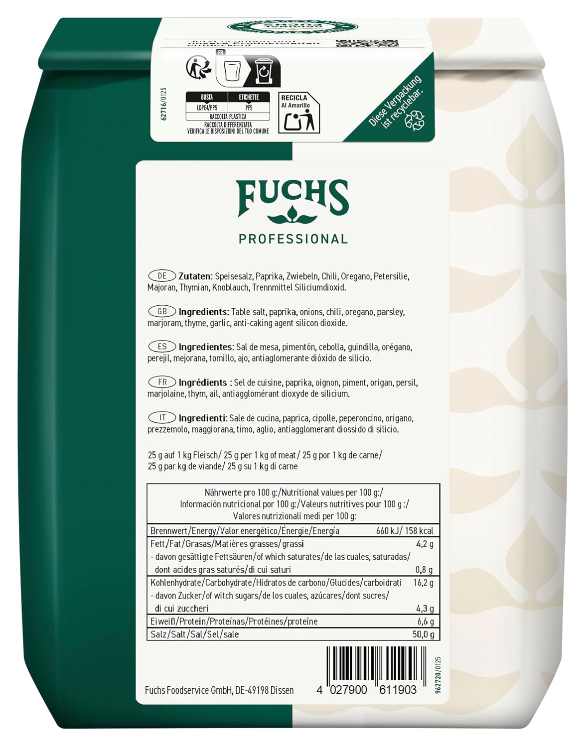 Detalle 2 de Fuchs Professional Gyros Gewürzsalz 1 kg 🍽