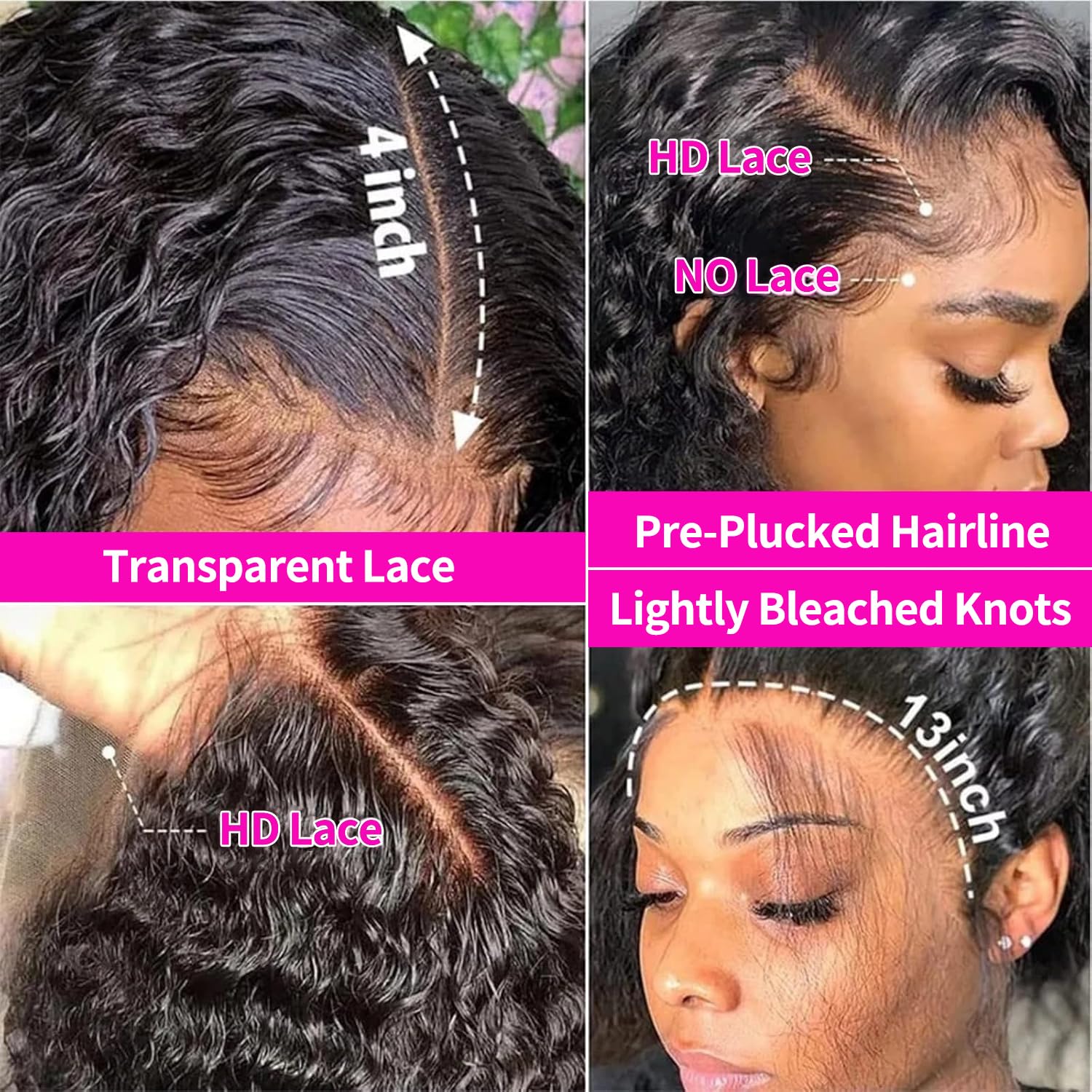 Detalle de Durya Deep Wave 13x4 HD Transparent Lace Front Wig (Human Hair, 220% Density)